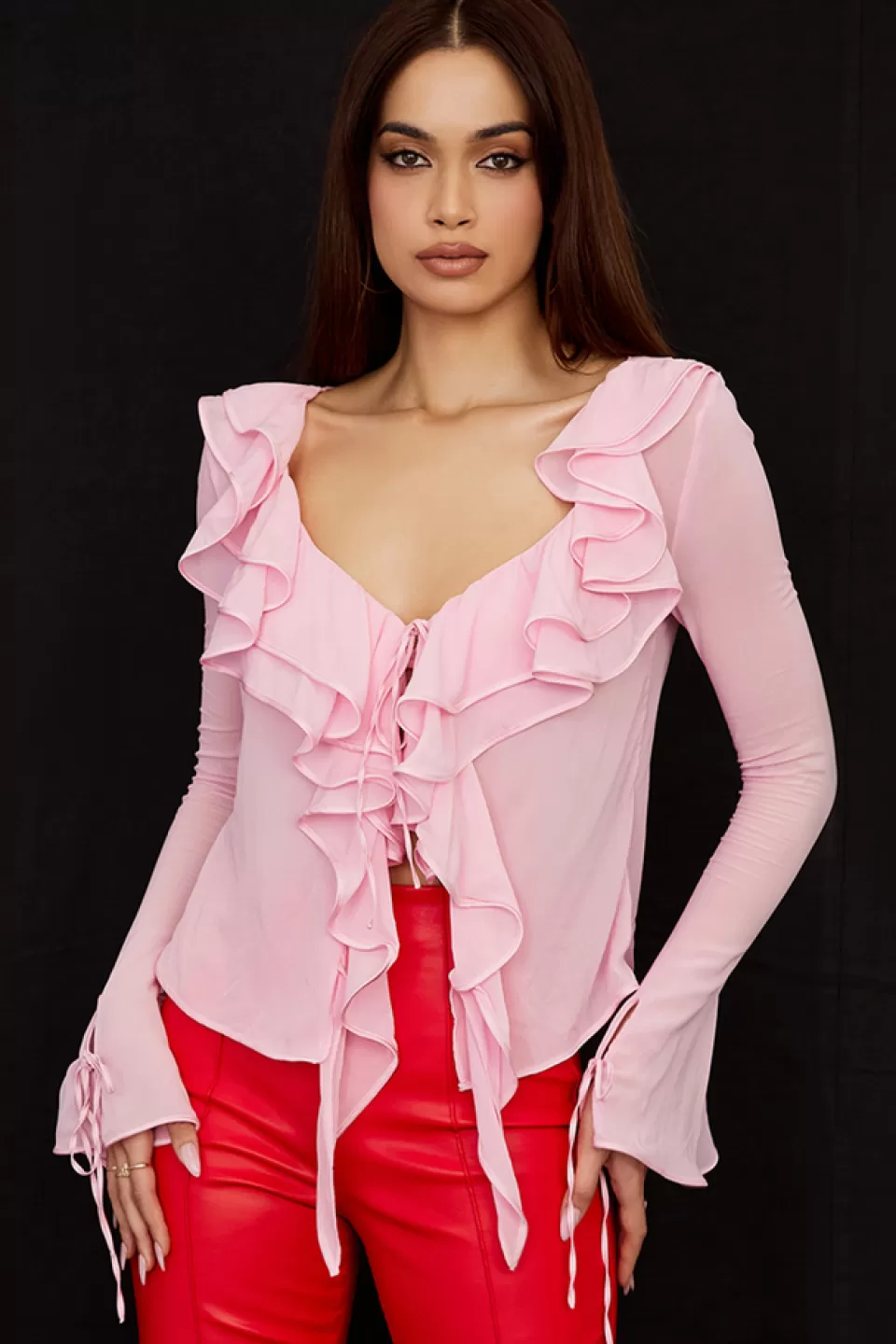 House of CB 'Aaliyah' Fairy Pink Real Silk Chiffon Ruffle Top & Bralet Outlet
