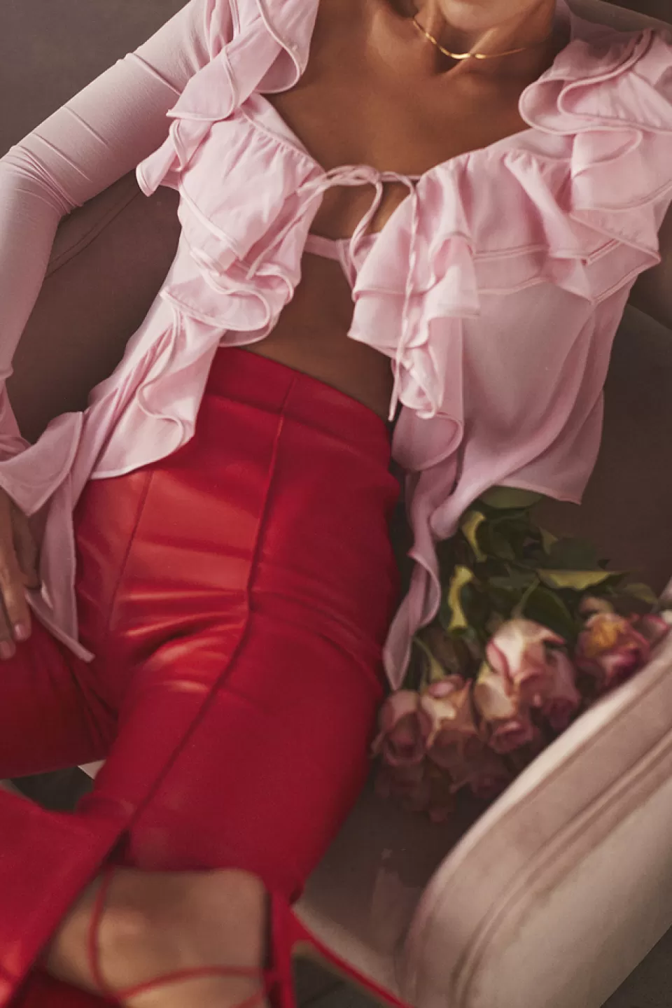 House of CB 'Aaliyah' Fairy Pink Real Silk Chiffon Ruffle Top & Bralet Outlet