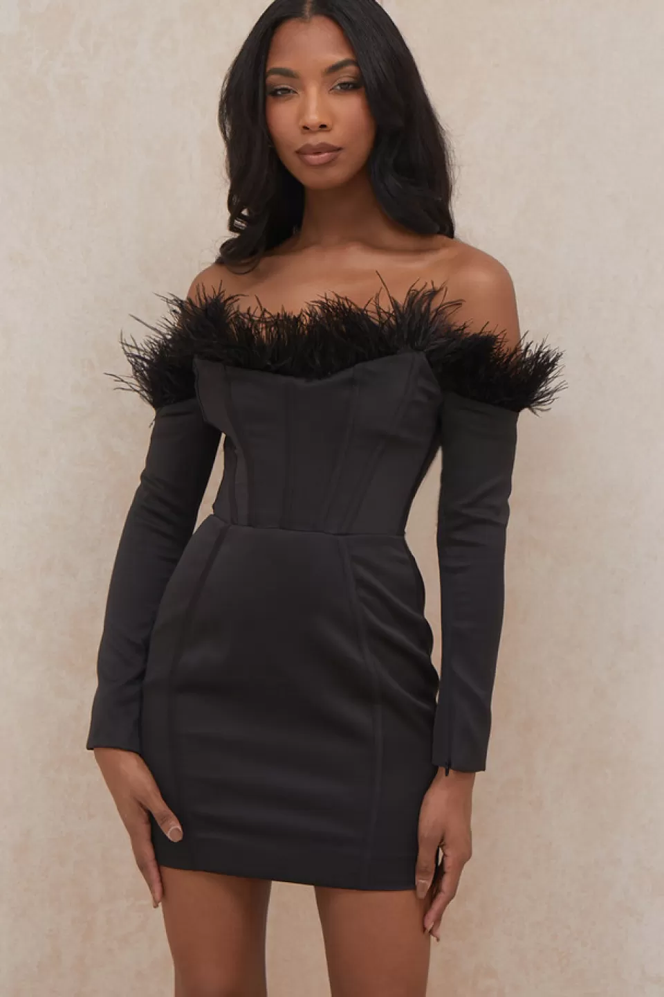 House of CB 'Adriana' Black Strapless Feather Corset Dress New
