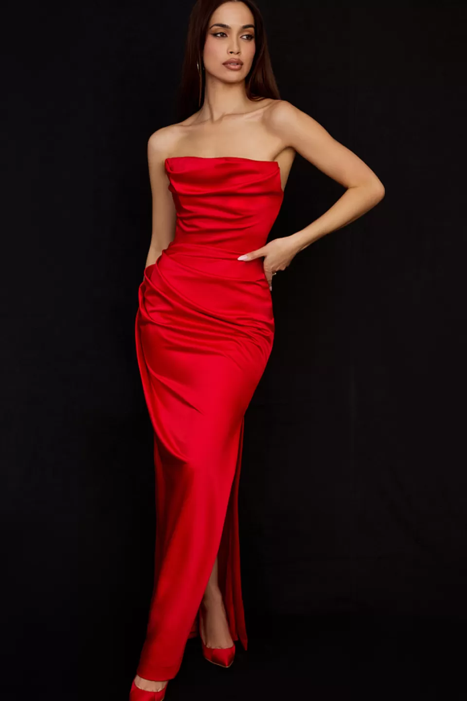 House of CB 'Adrienne' Scarlet Satin Strapless Gown Outlet