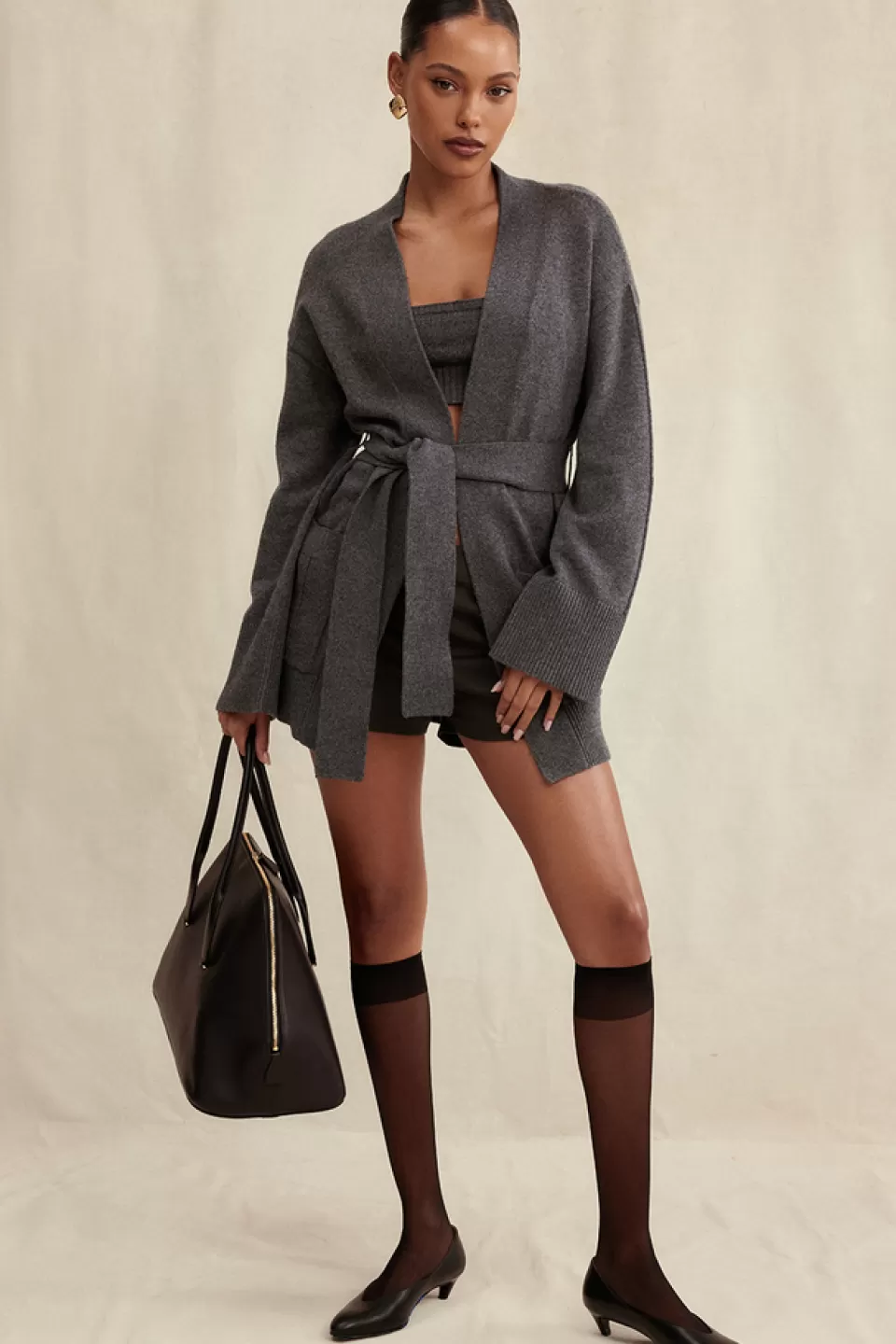 House of CB 'Alaia' Charcoal Cashmere Blend Belted Cardigan Best Sale