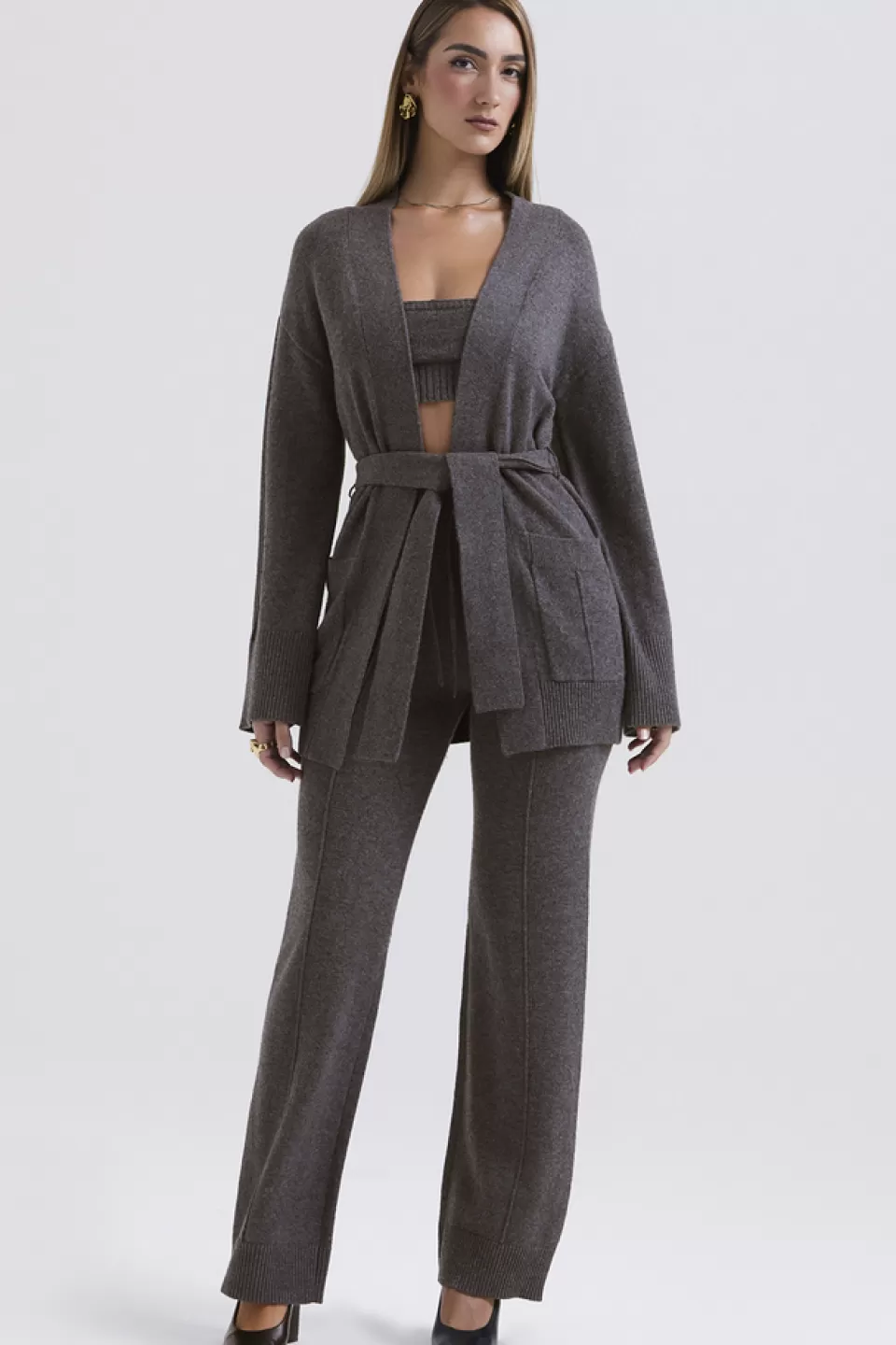 House of CB 'Alaia' Charcoal Cashmere Blend Belted Cardigan Best Sale