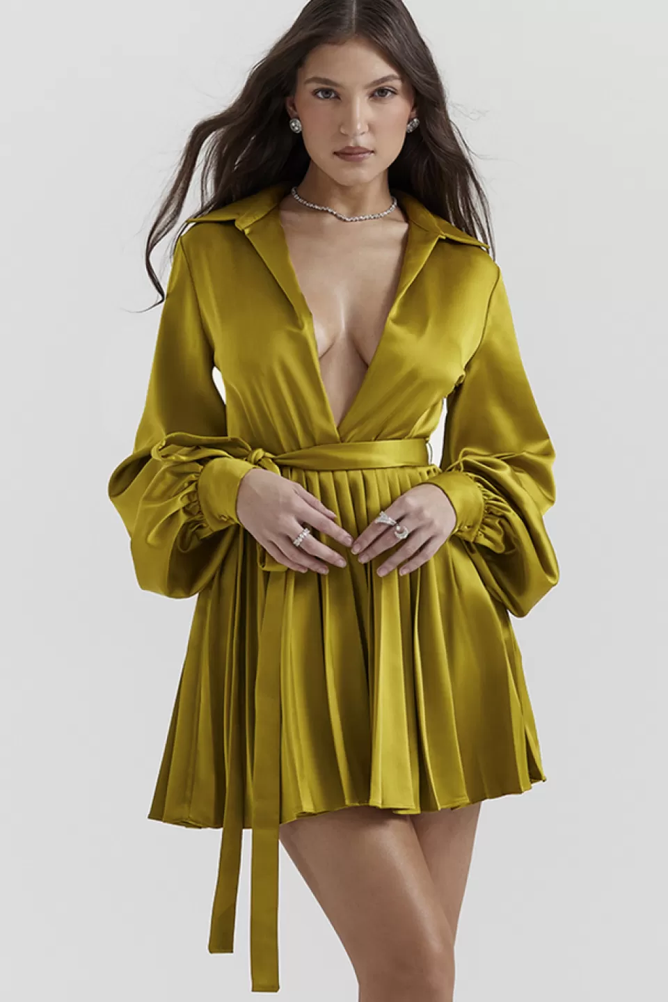 House of CB 'Allegra' Chartreuse Pleated Shirt Dress Online