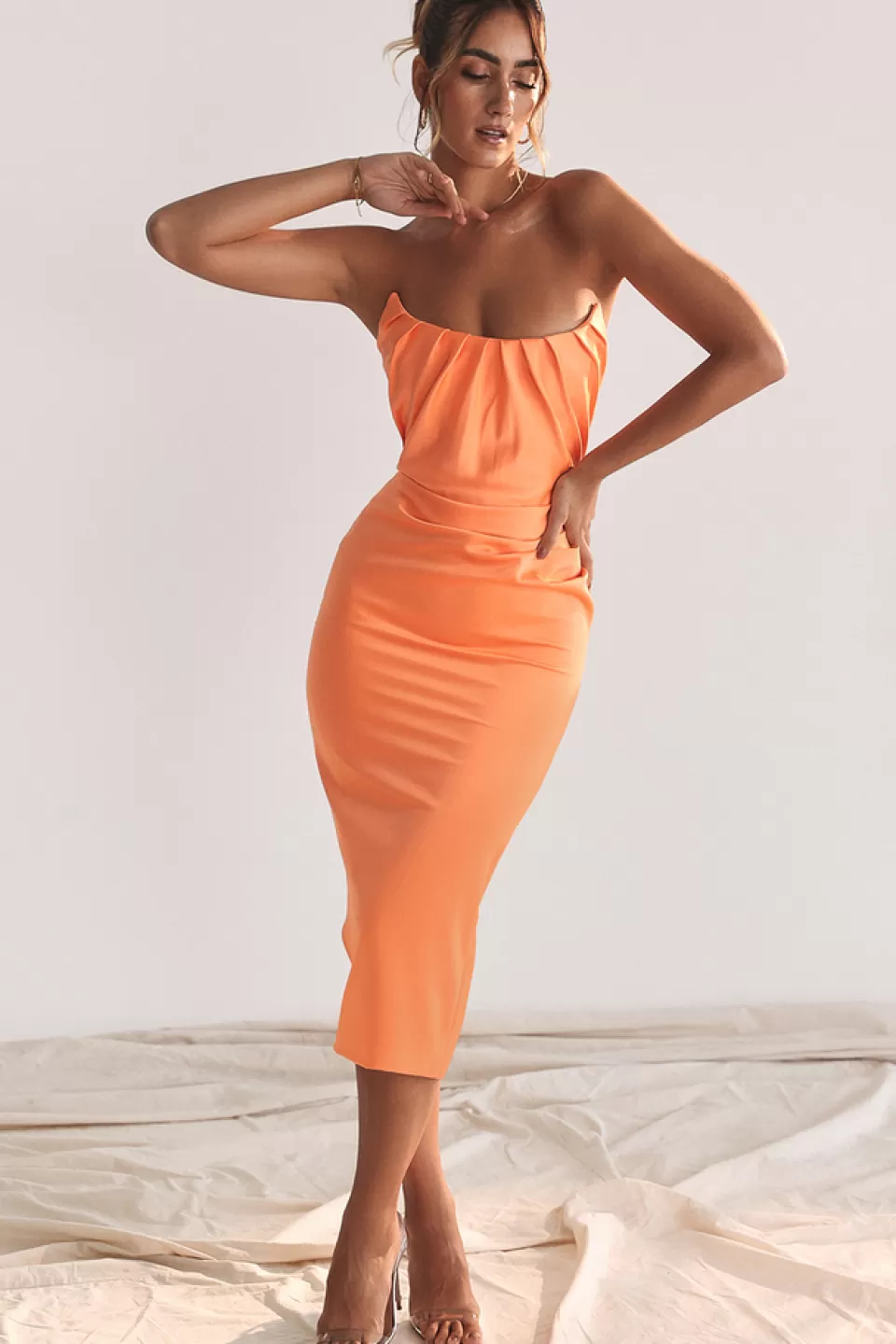 House of CB 'Alora' Tangerine Strapless Corset Midi Dress Flash Sale