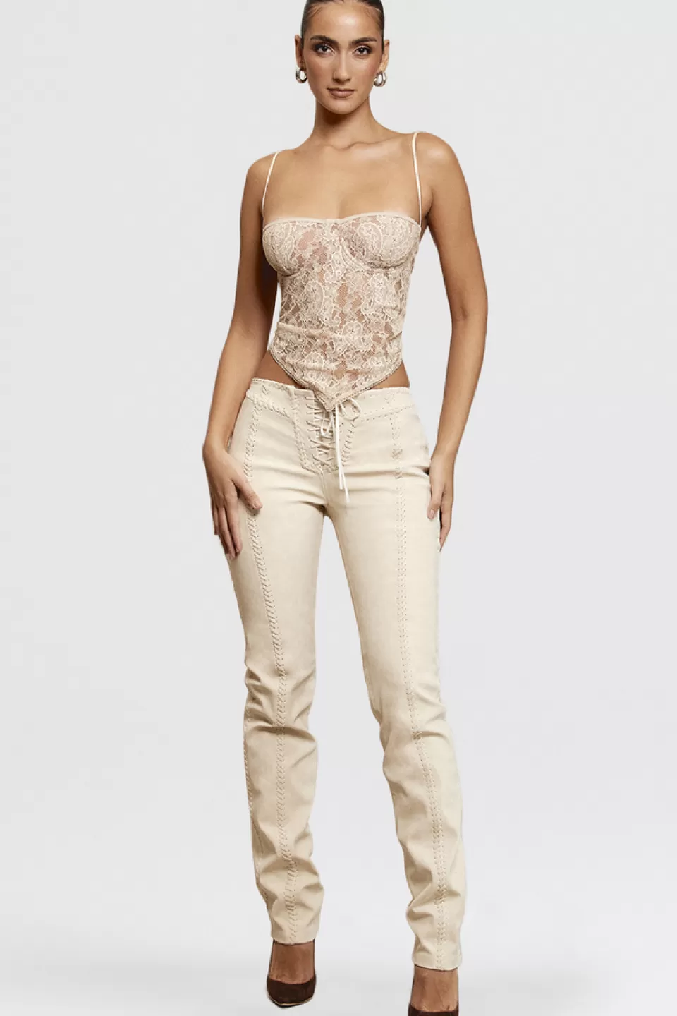 House of CB 'Amara' Beige Faux Suede Lace Up Trousers Cheap