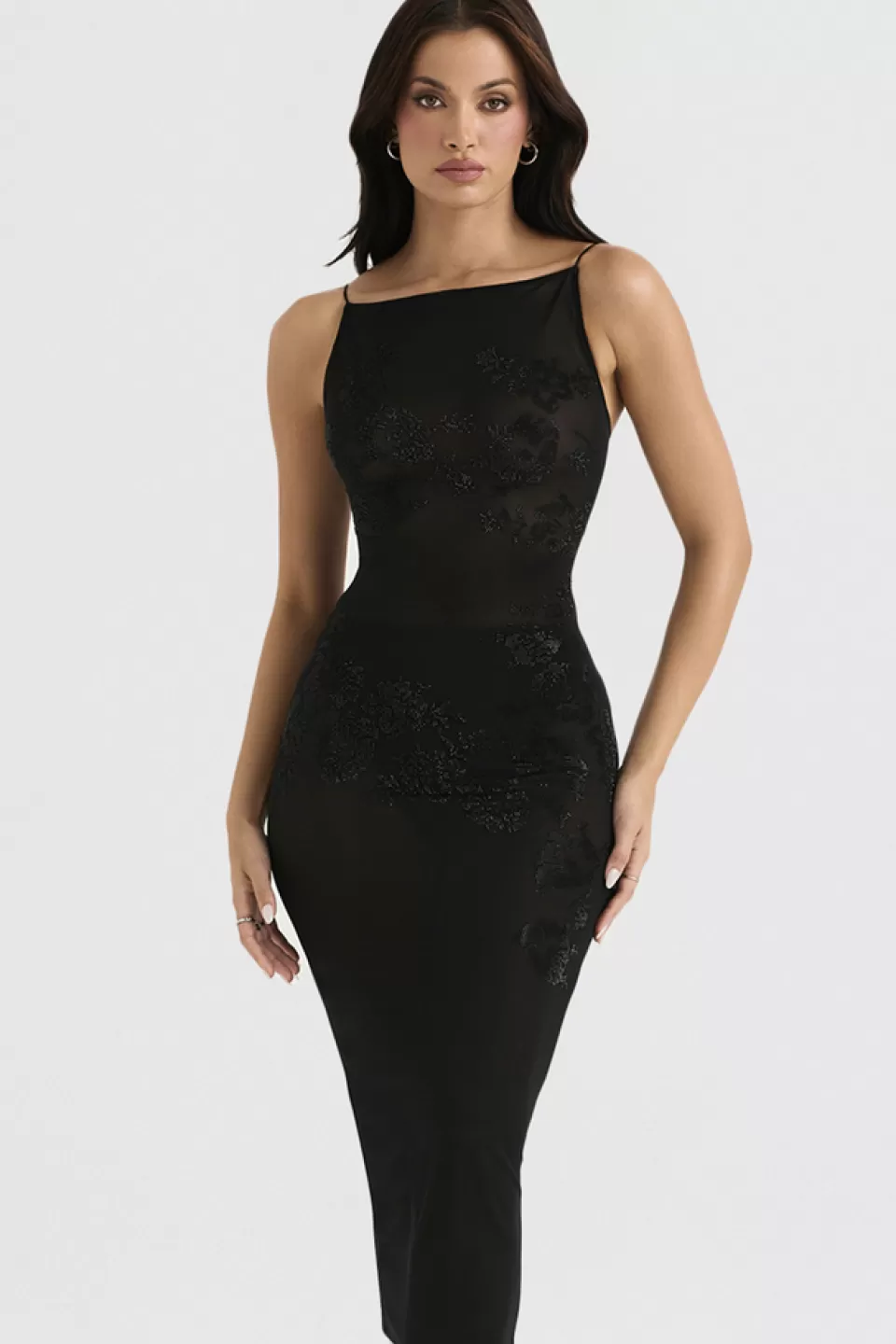 House of CB 'Amirah' Black Mesh Crystal Embellished Midi Dress Clearance