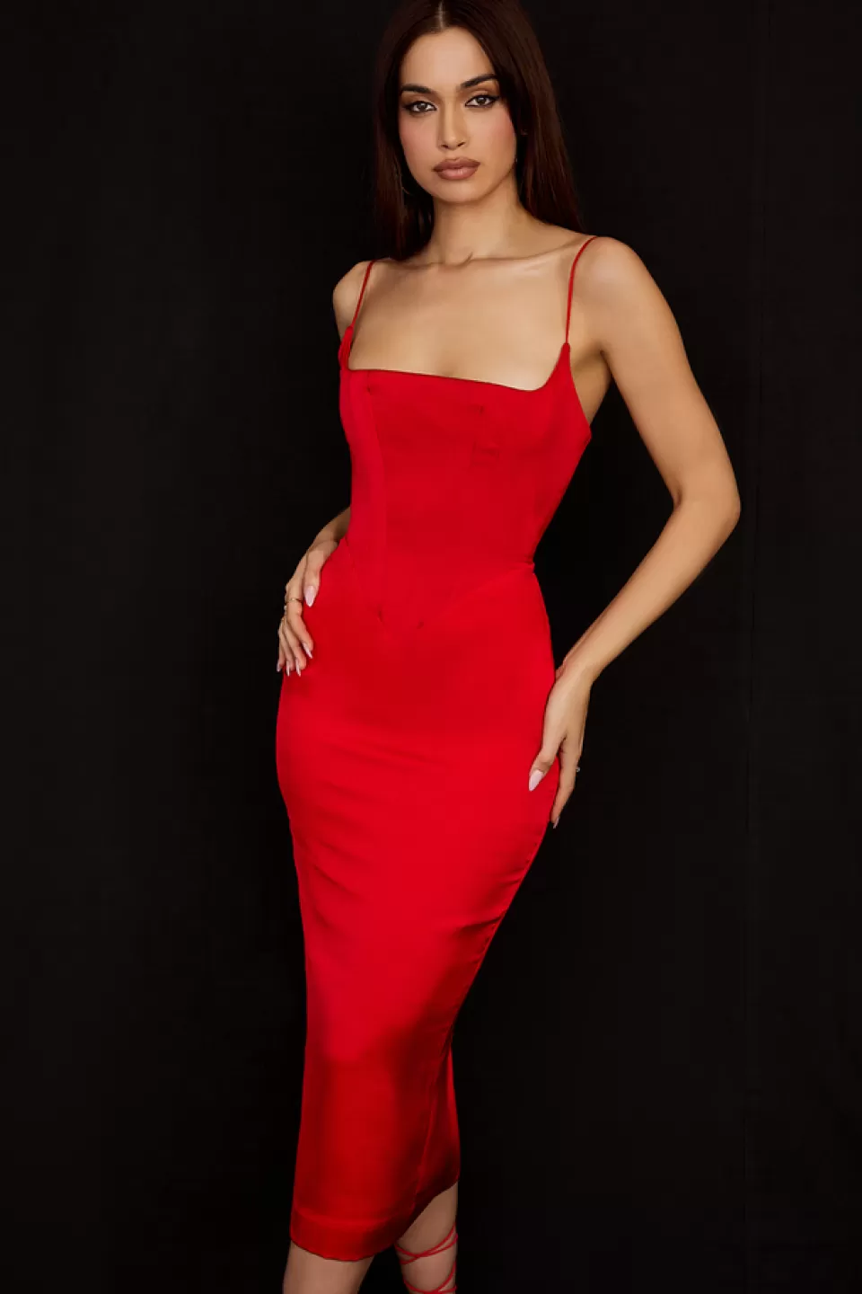 House of CB 'Anais' Scarlet Satin Corset Midi Dress Clearance