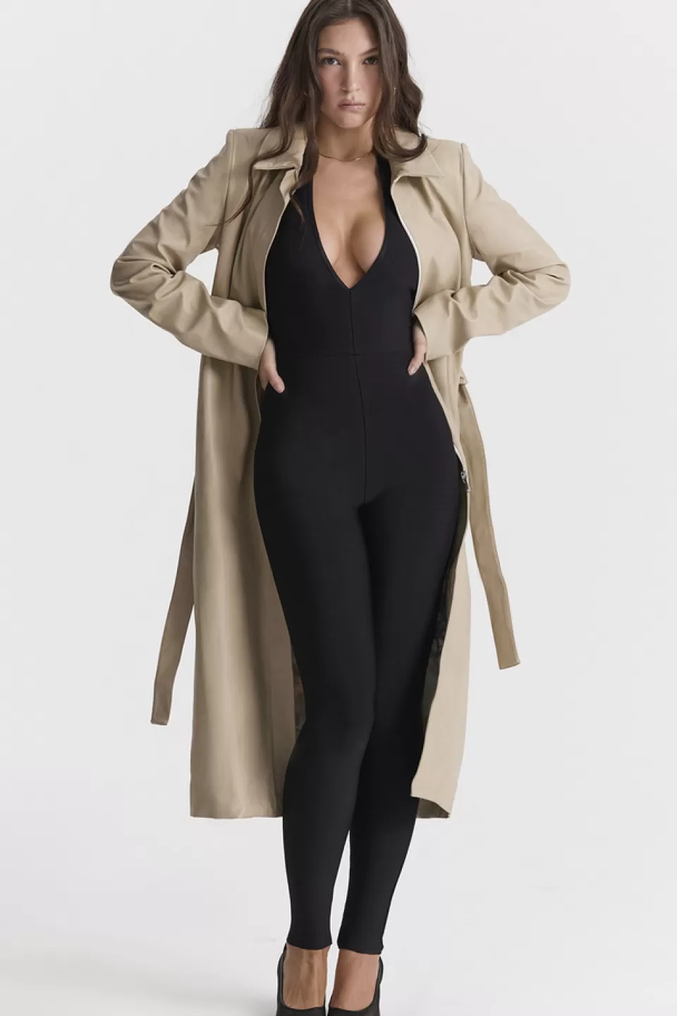 House of CB 'Ariel' Beige Vegan Leather Trench Coat Sale