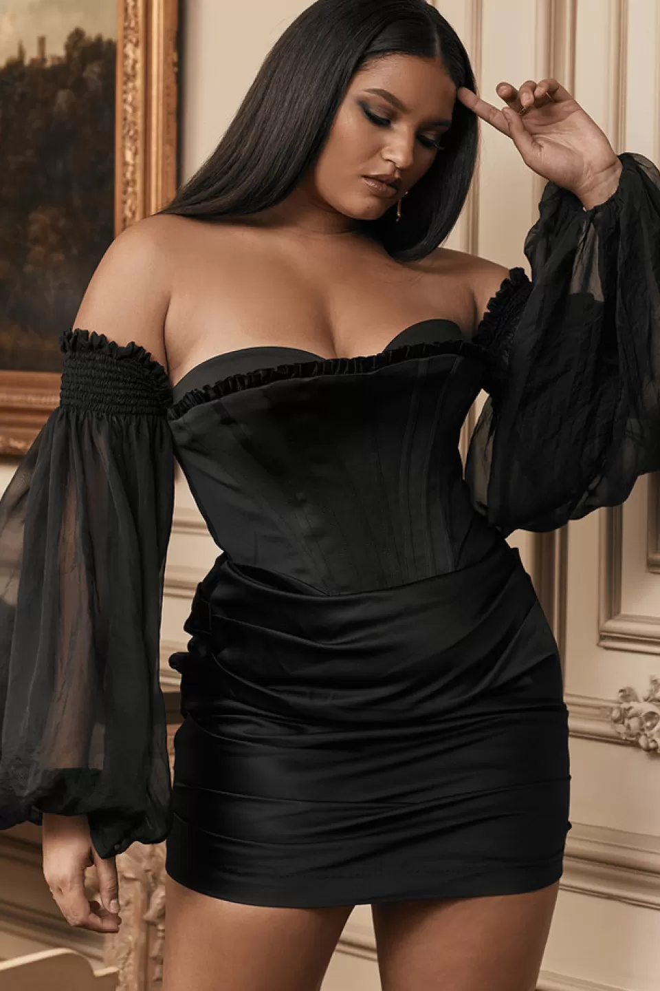 House of CB 'Beau' Black Satin and Chiffon Corset Dress Shop