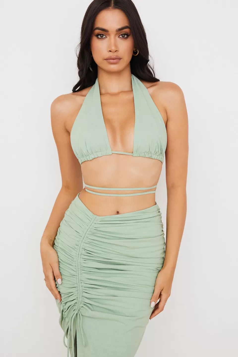 House of CB 'Calypso' Sage Halter Neck Gathered Bustier Top Cheap