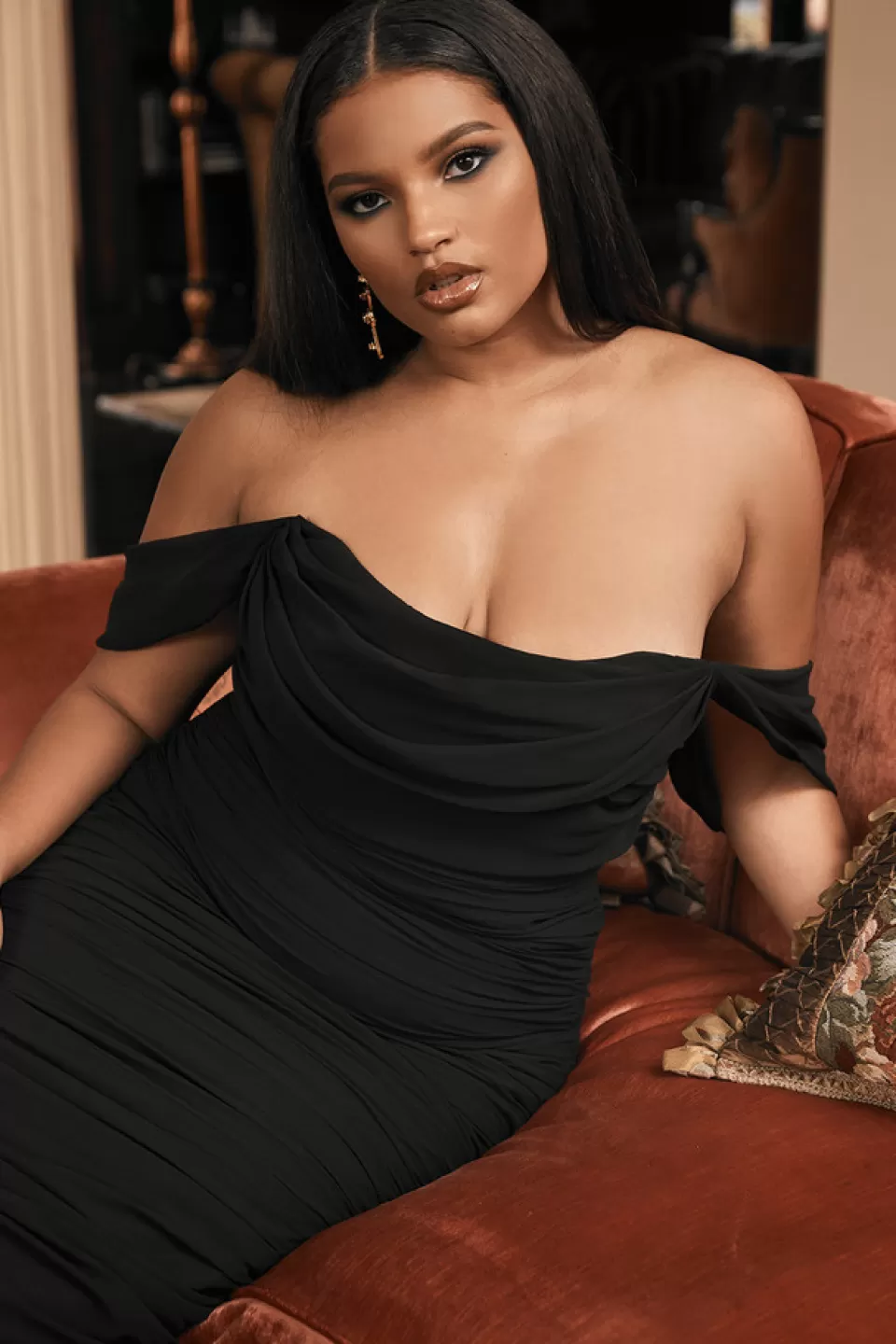 House of CB 'Carlotta' Black Ruched Chiffon Midi Dress Hot