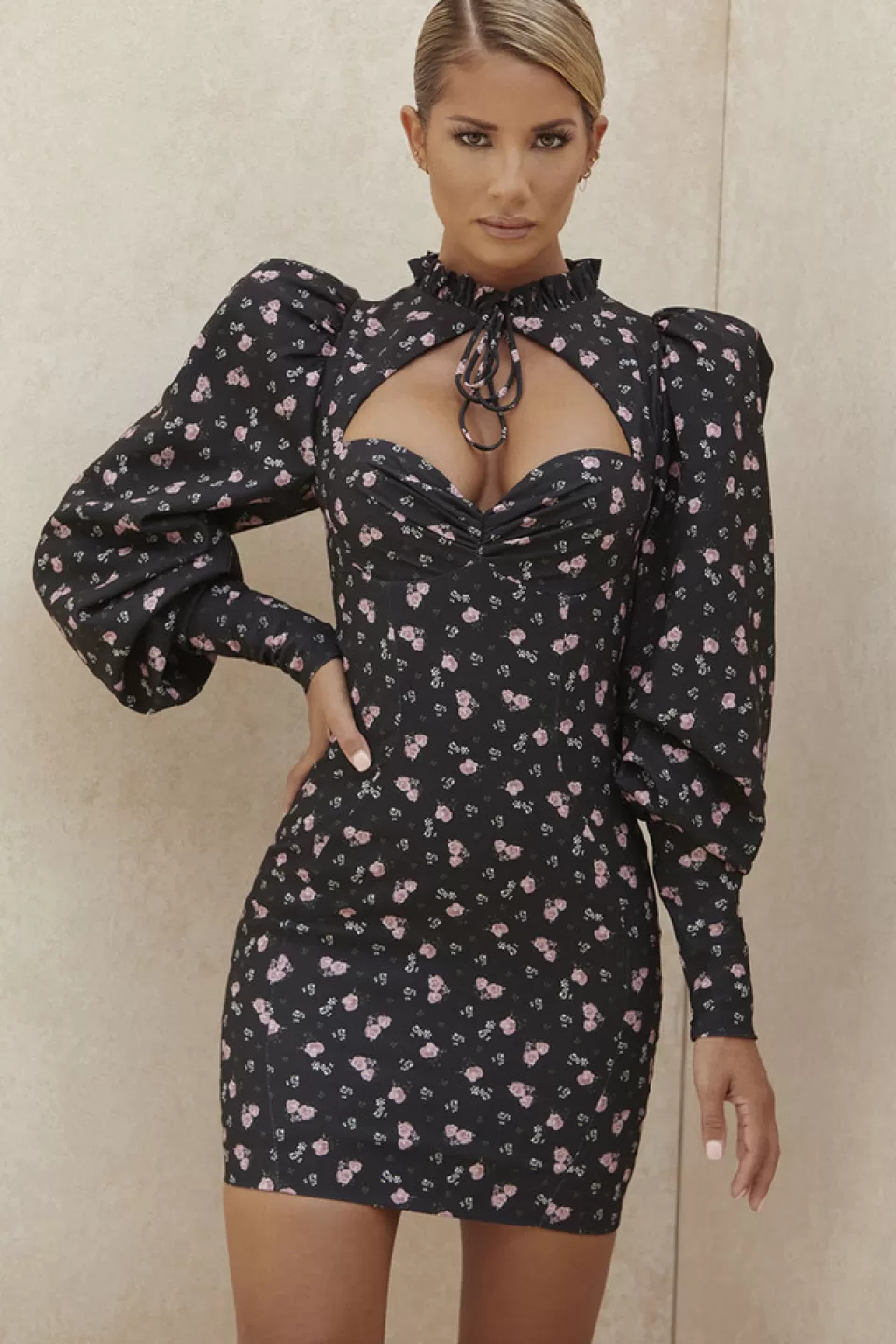 House of CB 'Carmel' Black Floral Puff Sleeve Mini Dress Outlet