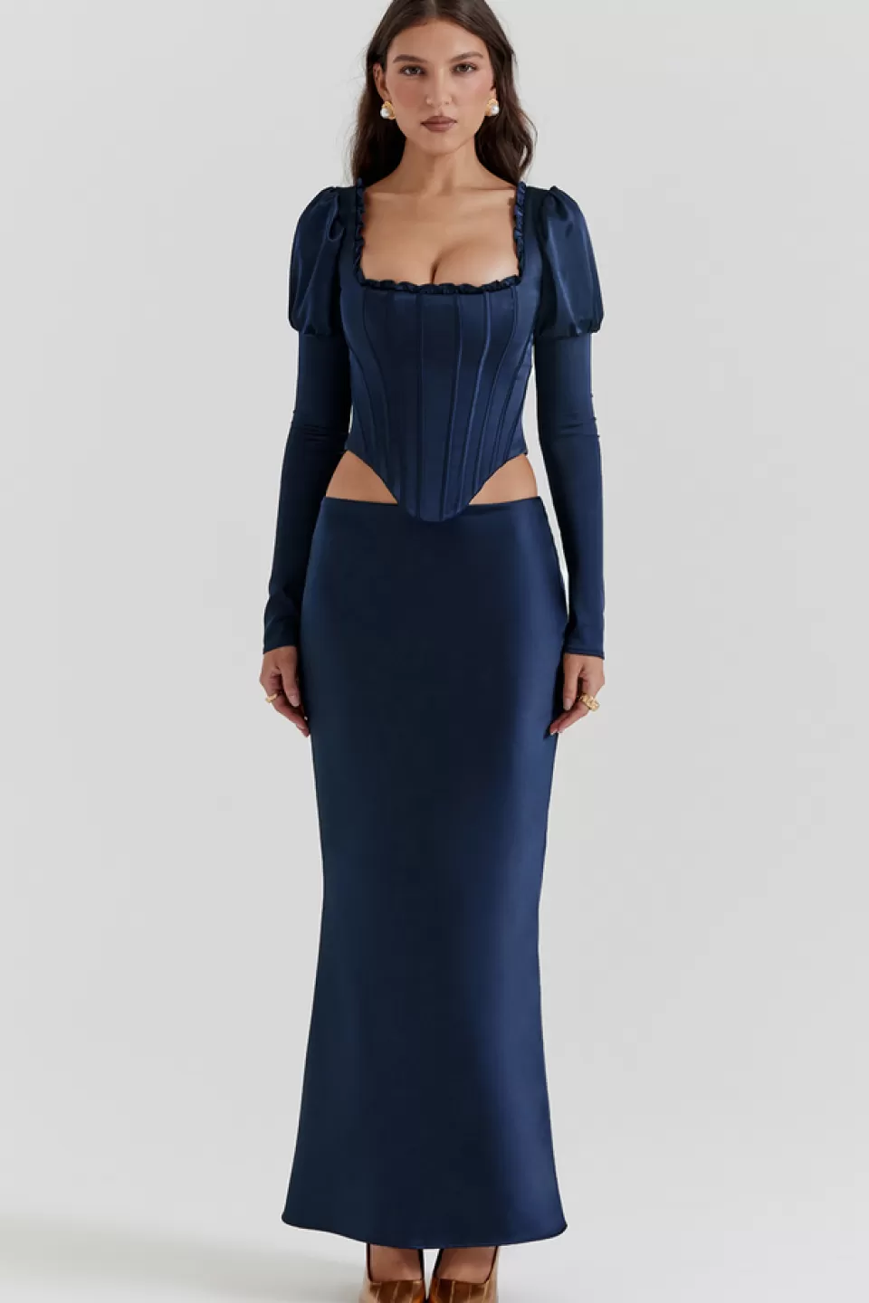 House of CB 'Charlene' Navy Satin Bias Cut Maxi Skirt Outlet