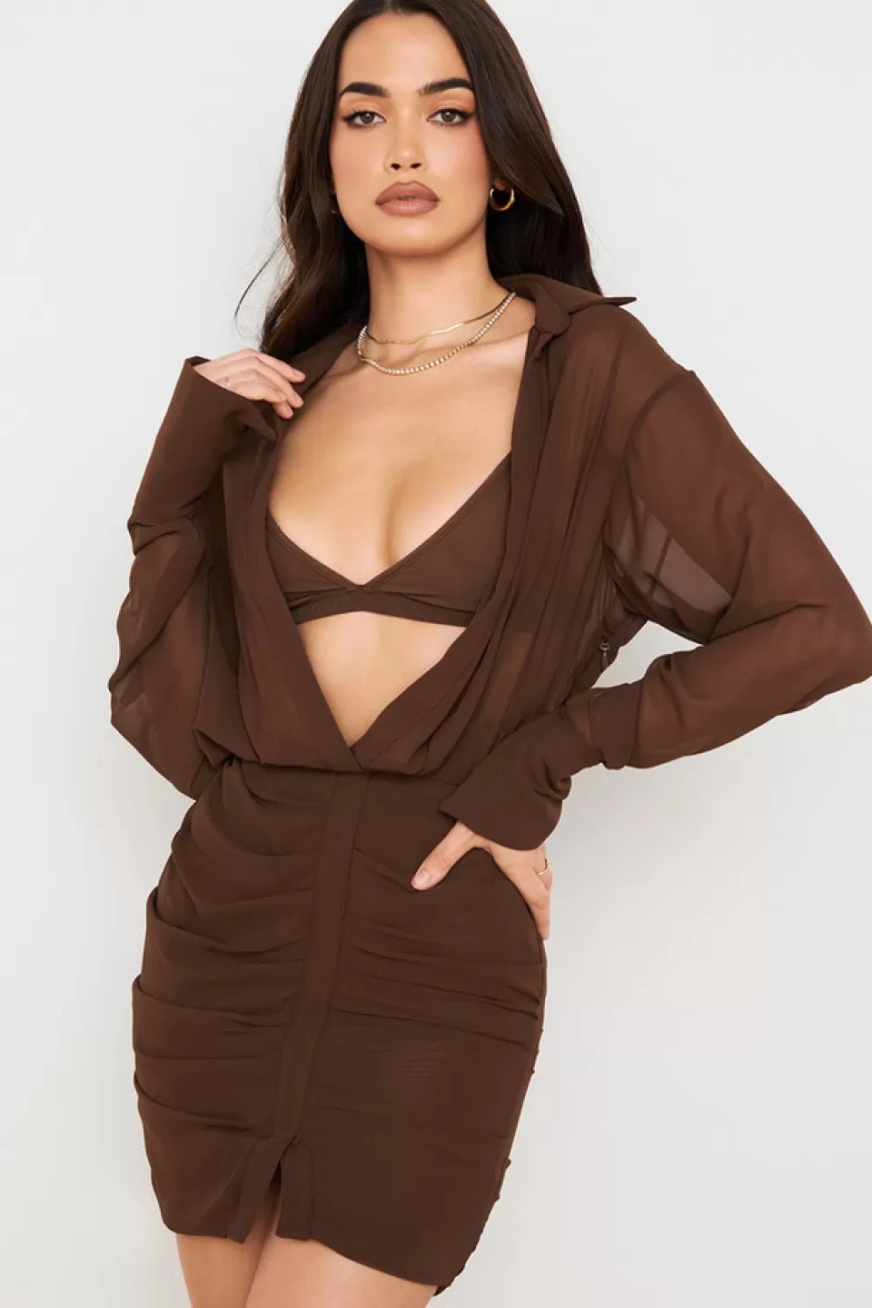 House of CB 'Cleo' Chocolate Chiffon Shirt Dress And Bralette Best