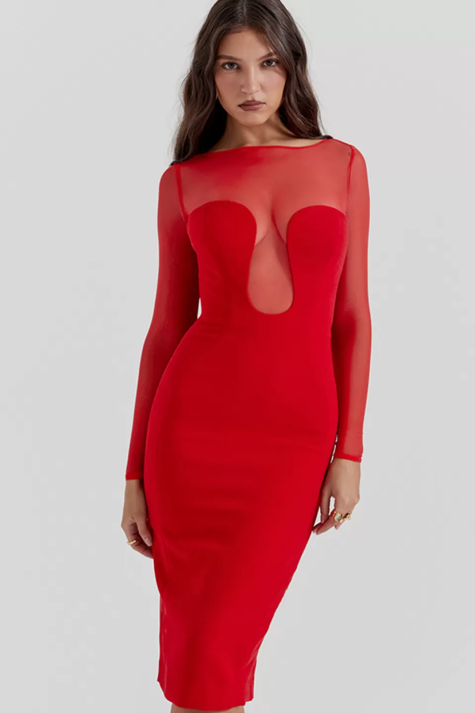 House of CB 'Darcy' Scarlet Plunge Midi Dress Hot