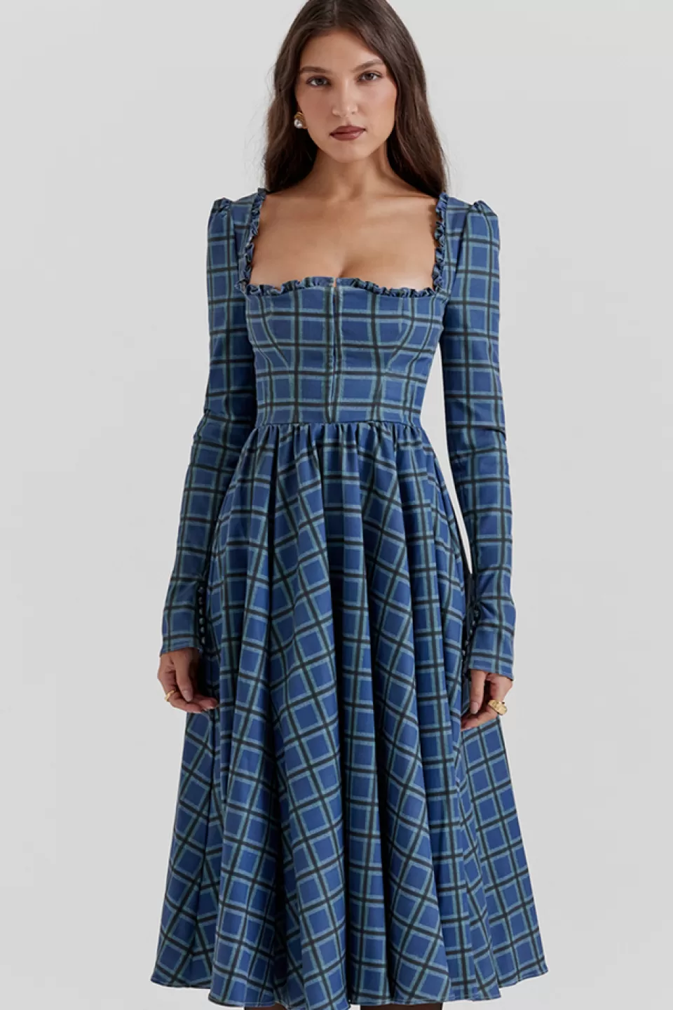 House of CB 'Delia' Blue Tartan Midi Dress Outlet