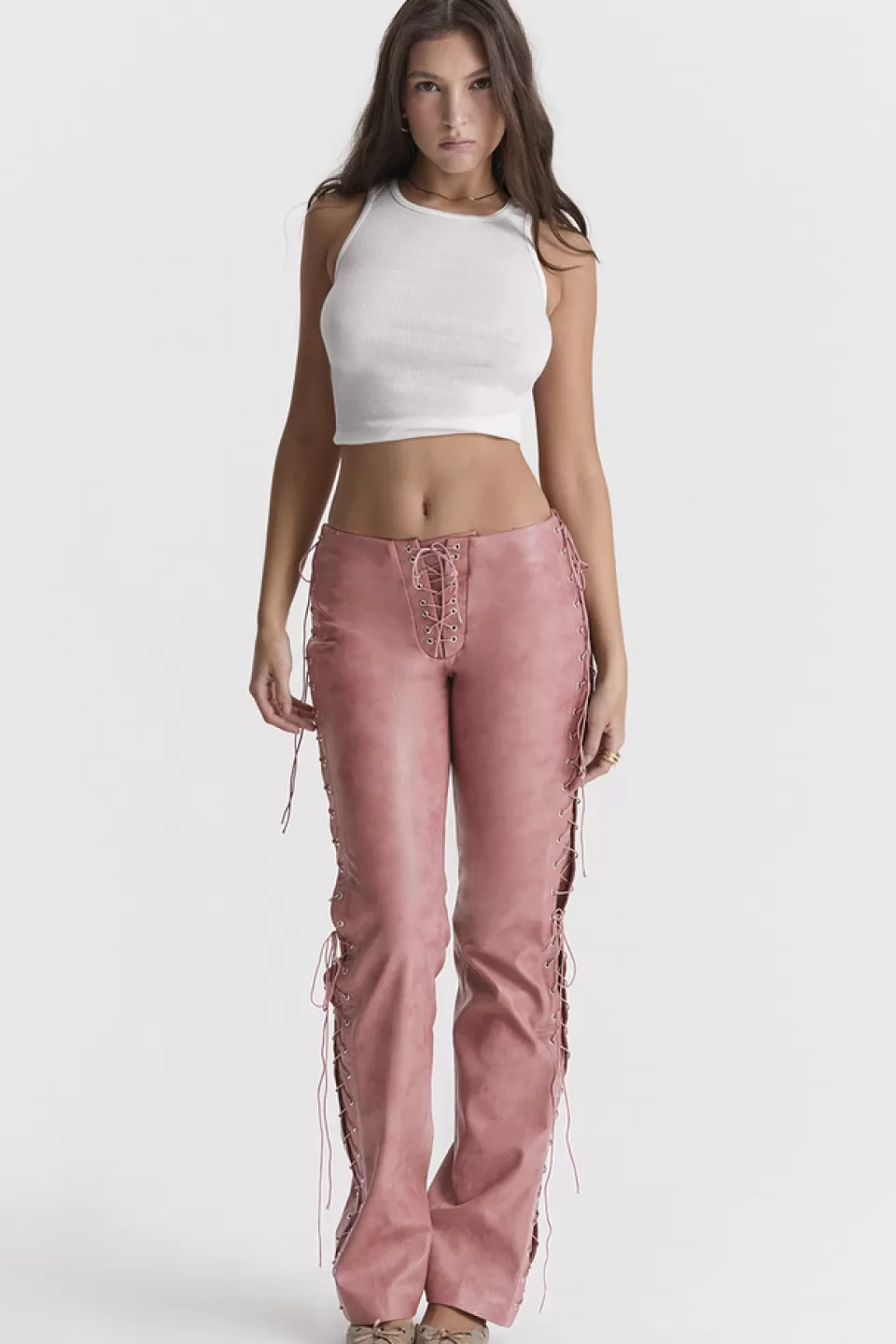 House of CB 'Drew' Warm Pink Vegan Leather Lace Up Trousers Sale
