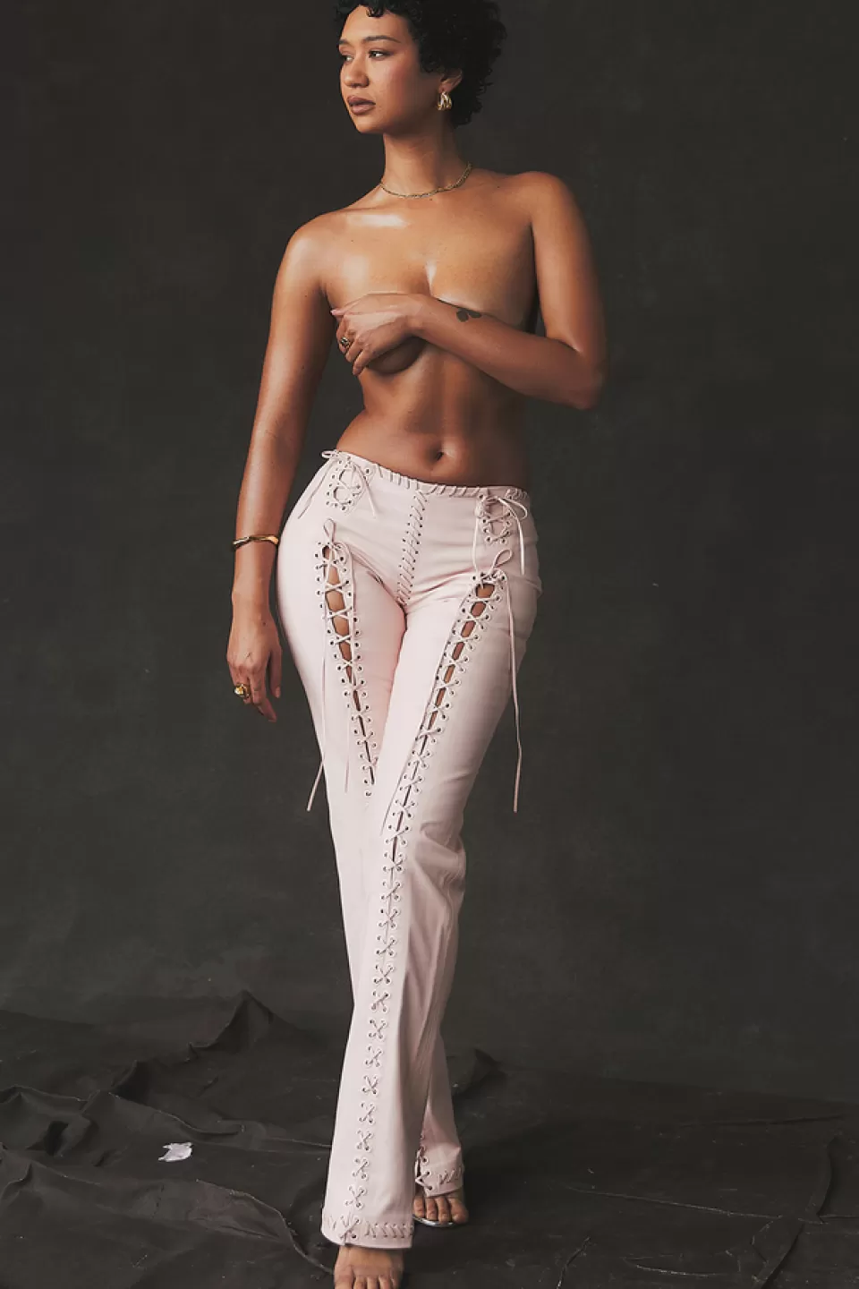 House of CB 'Elliot' Peach Vegan Leather Lace Up Trousers Best
