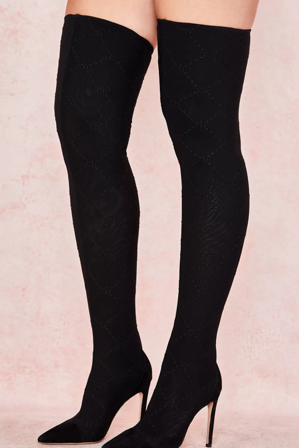 House of CB 'Escape' Black Mesh Monogrammed Thigh Boots Flash Sale