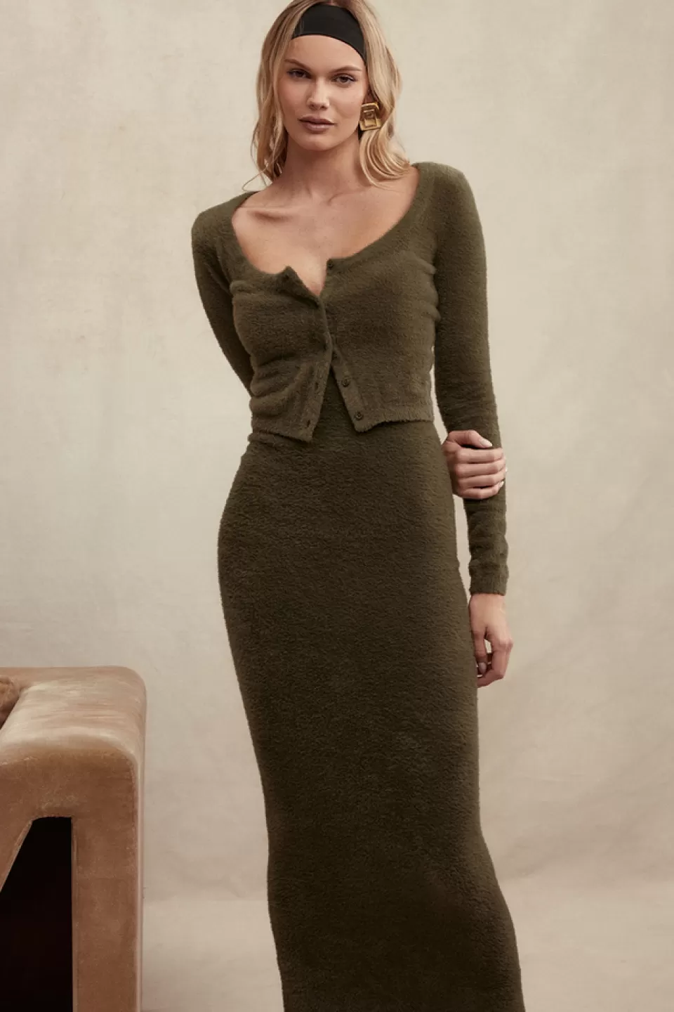House of CB 'Fayette' Khaki Soft Fluffy Knit Maxi Dress Shop