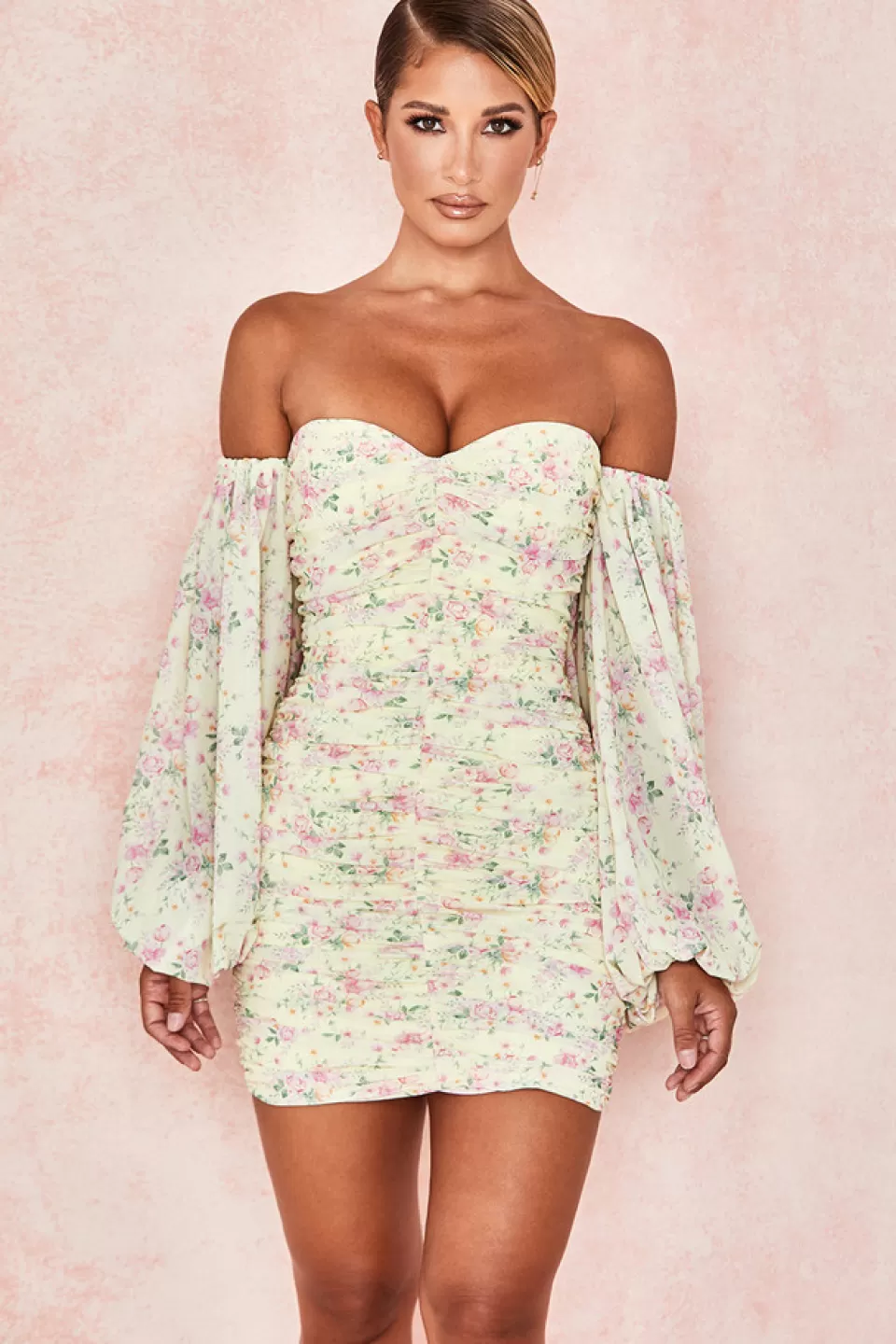 House of CB 'Giovanna' Lemon Floral Ruched Corset Dress Hot