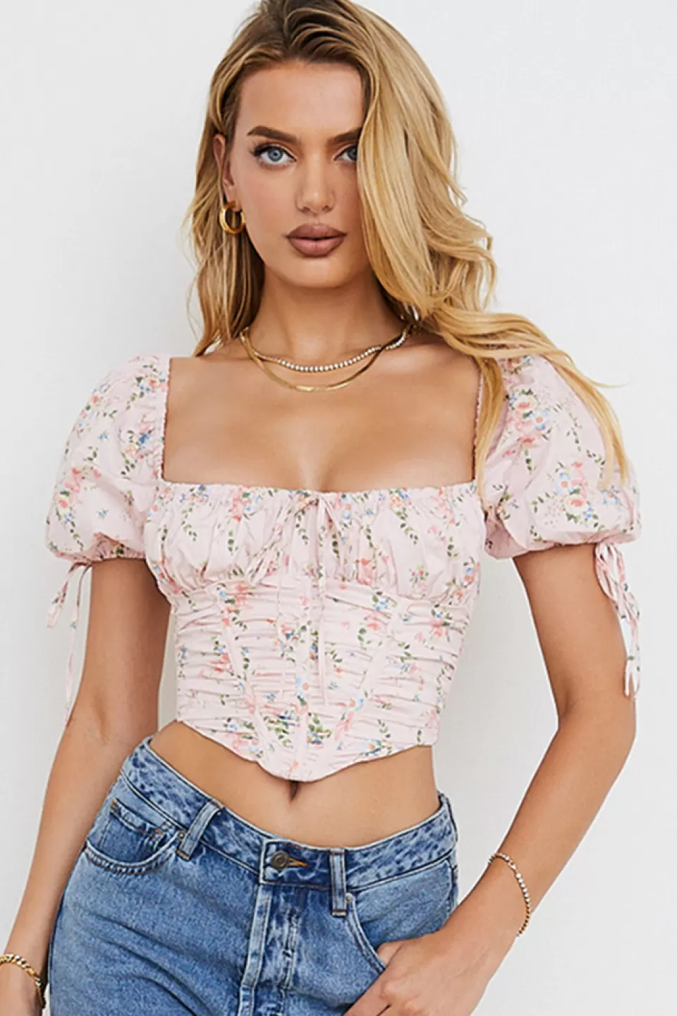 House of CB 'Gracie' Pink Floral Puff Sleeve Corset Top Cheap