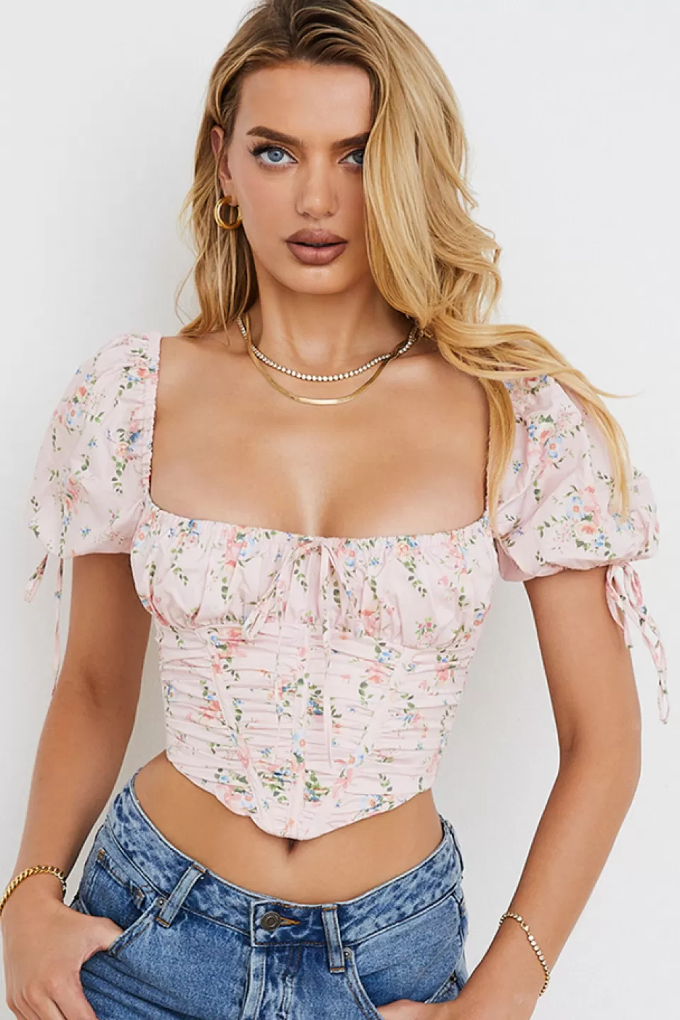 House of CB 'Gracie' Pink Floral Puff Sleeve Corset Top Cheap
