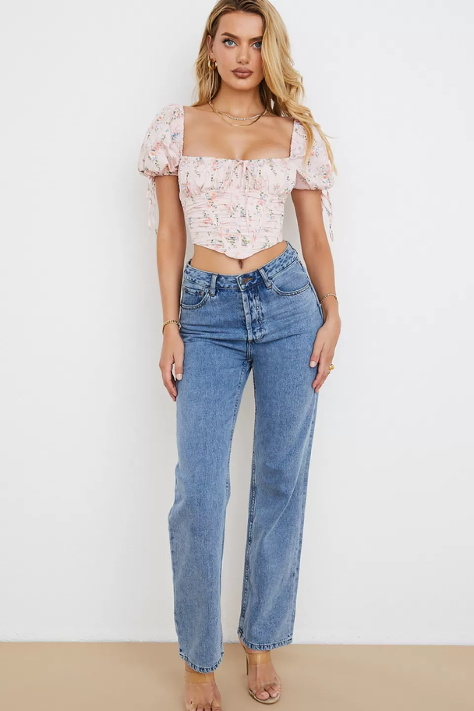 House of CB 'Gracie' Pink Floral Puff Sleeve Corset Top Cheap