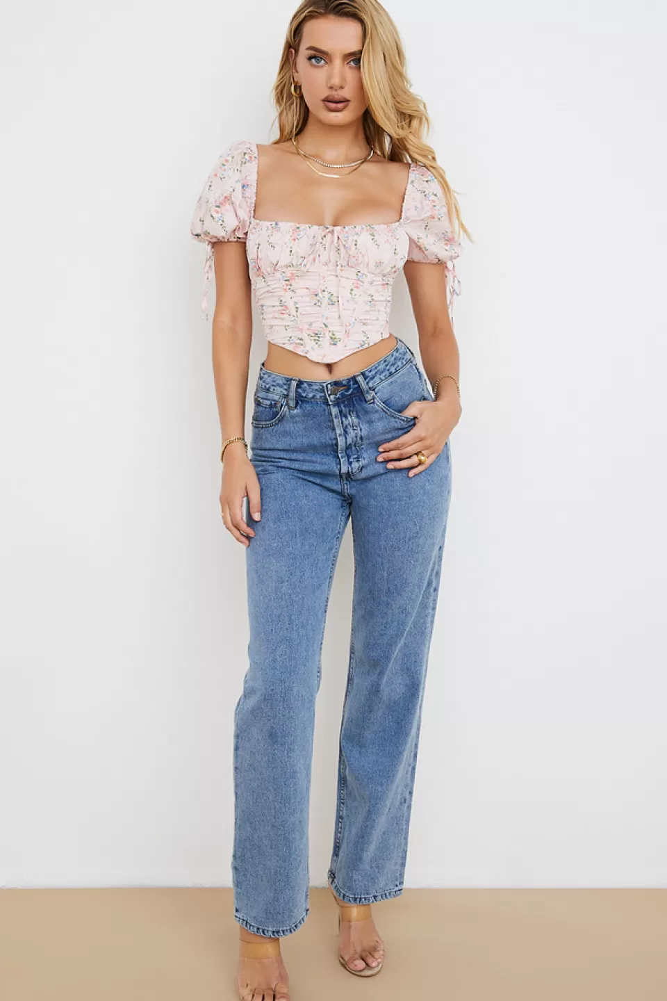 House of CB 'Gracie' Pink Floral Puff Sleeve Corset Top Cheap