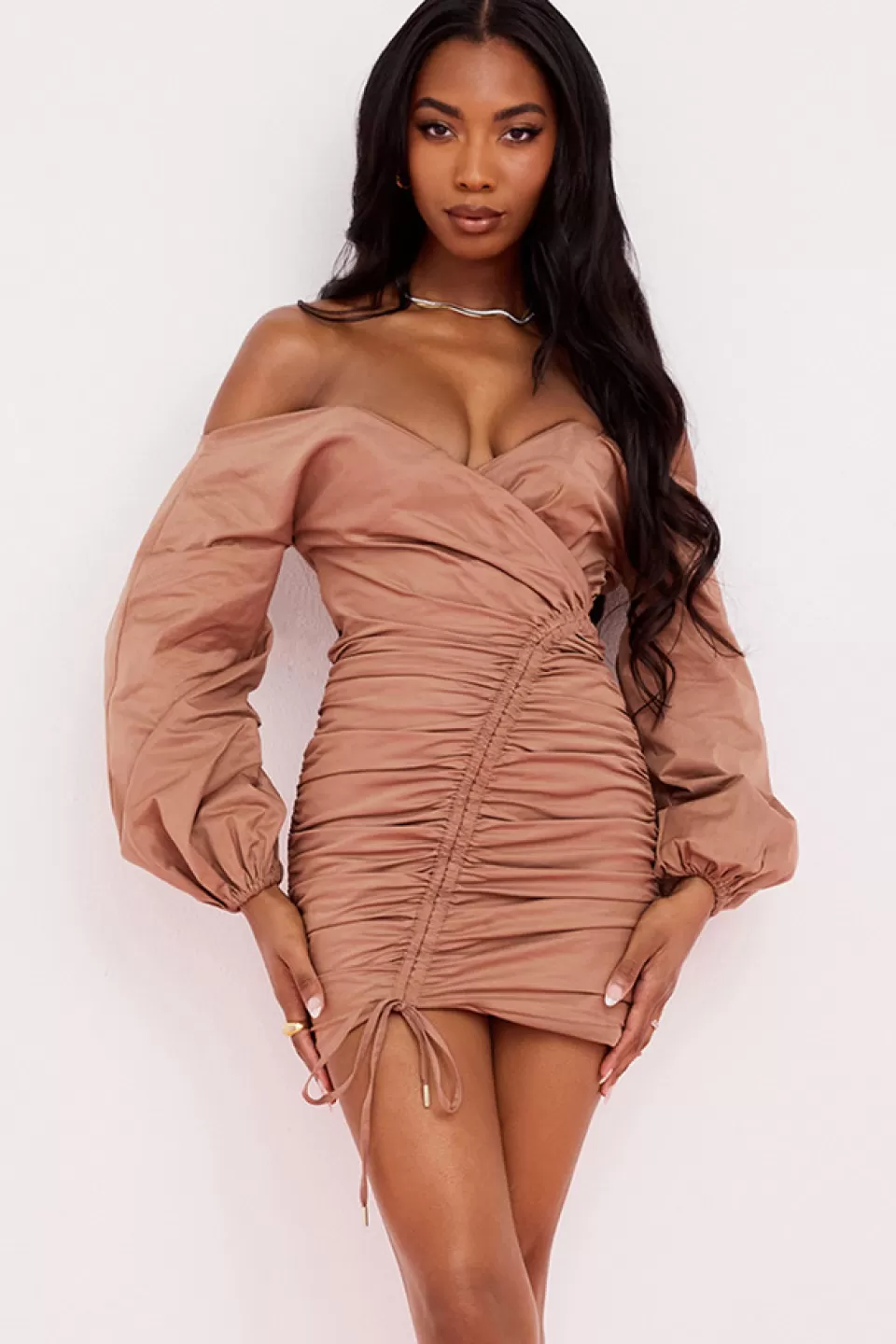House of CB 'Indra' Mocha Off The Shoulder Wrap Mini Dress Cheap