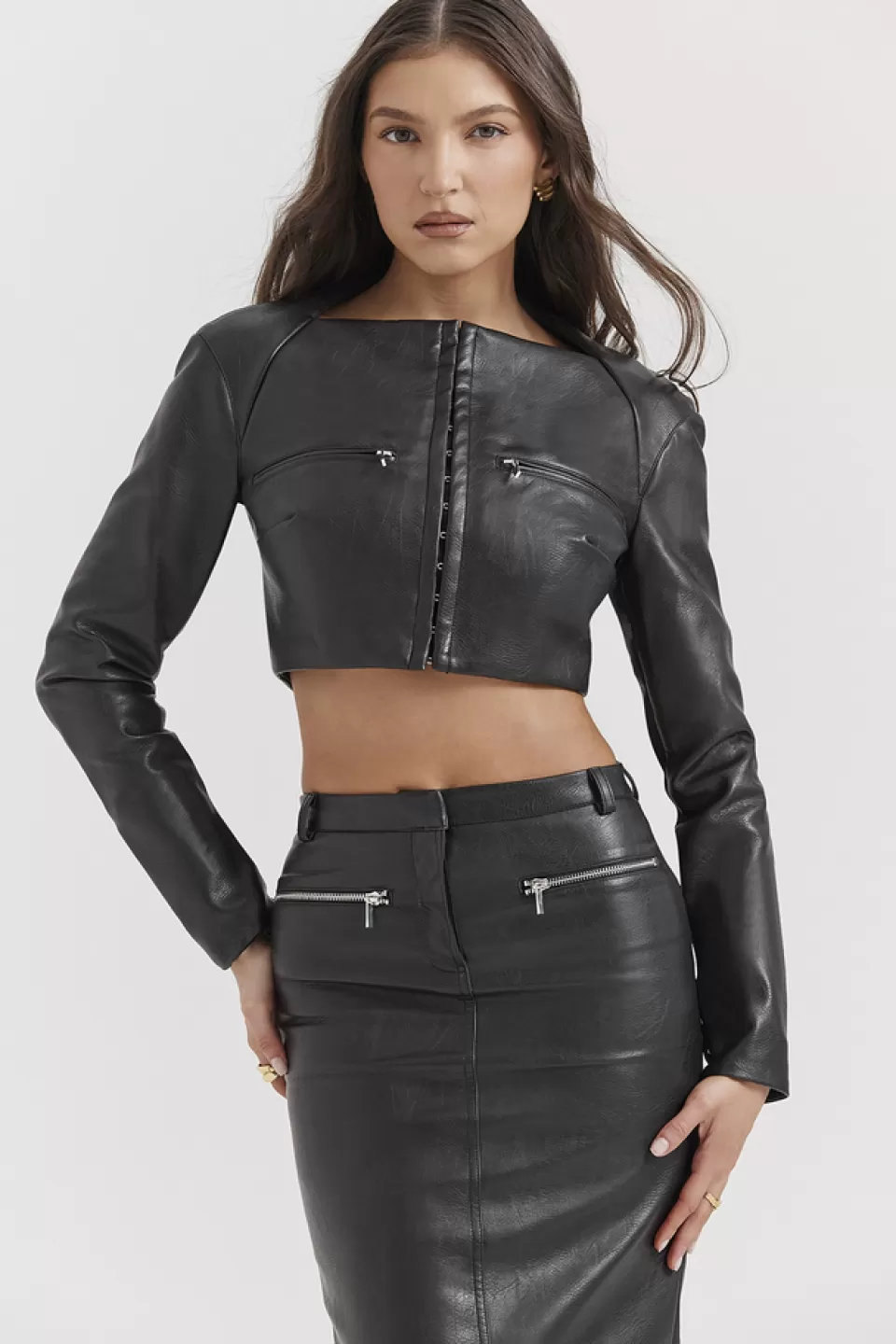 House of CB 'Ione' Black Vegan Leather Cropped Top Outlet