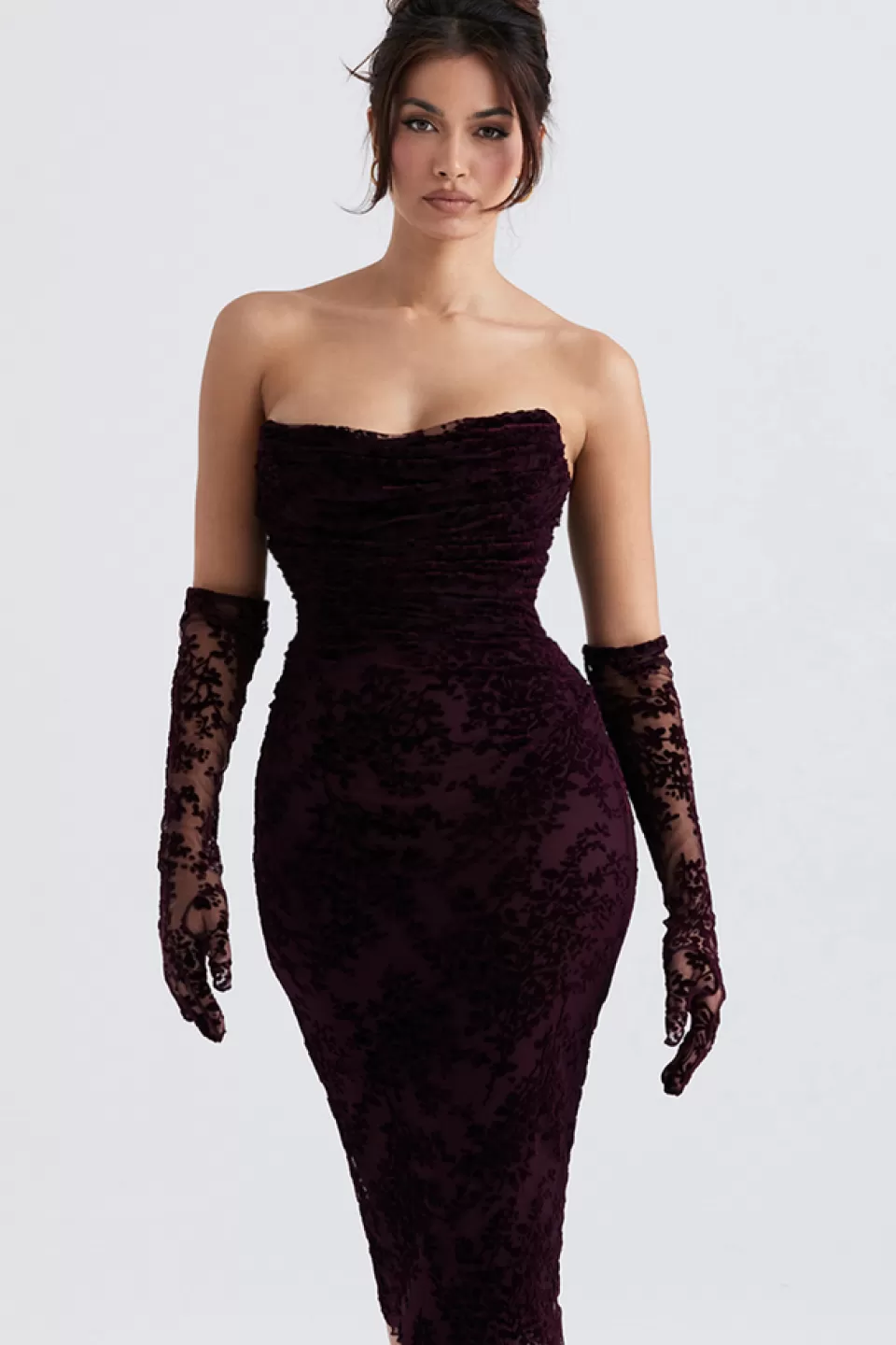 House of CB 'Isadora' Black Cherry Devore Corset Dress Outlet