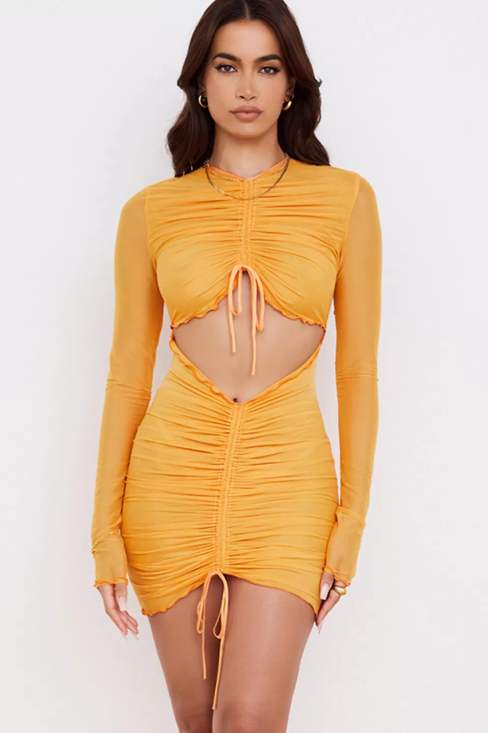 House of CB 'Jeanelle' Orange Ruched Mesh Long Sleeve Cutout Mini Dress Cheap