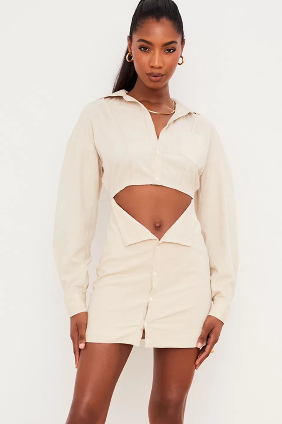 House of CB 'Julietta' Beige Linen Cutout Shirt Dress Best Sale
