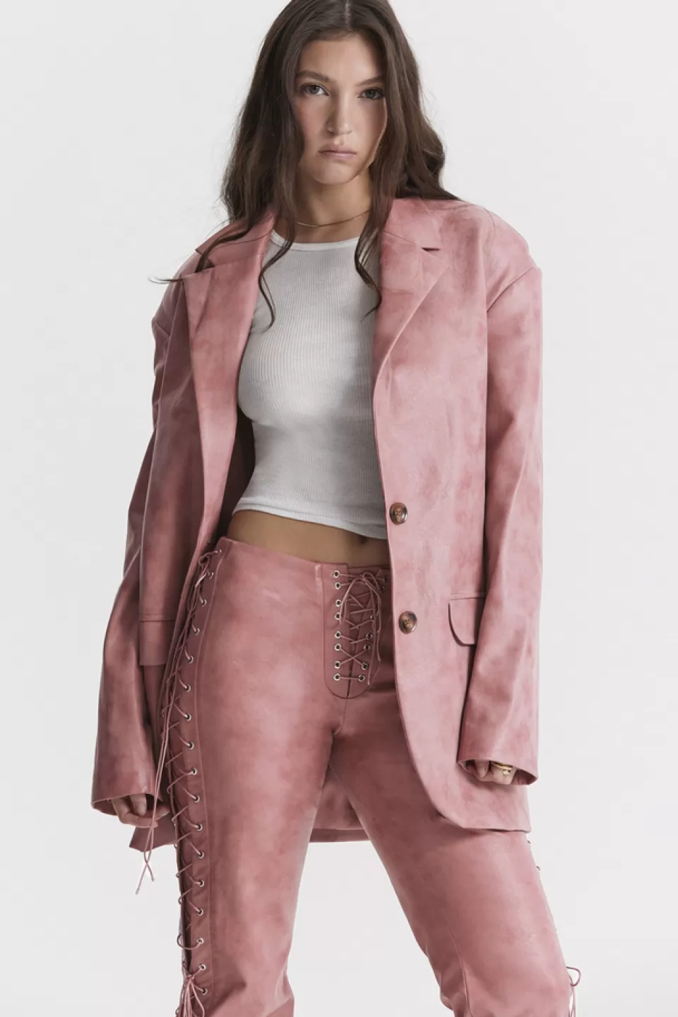 House of CB 'Kiera' Warm Pink Vegan Leather Oversized Blazer Sale
