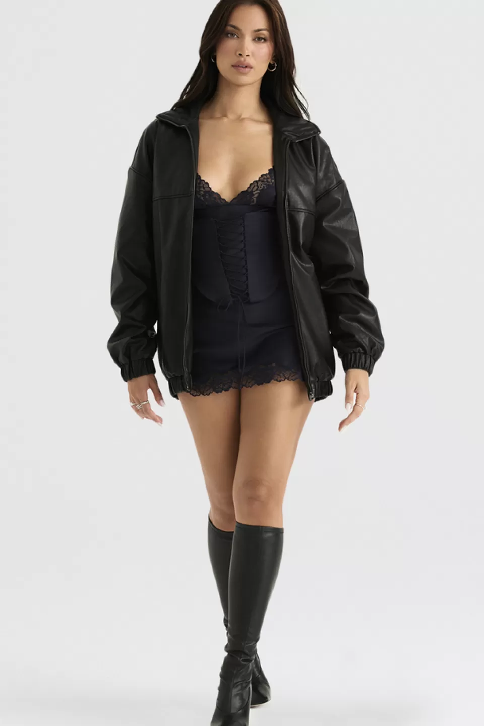 House of CB 'Larissa' Black Vegan Leather Oversized Bomber Jacket Clearance