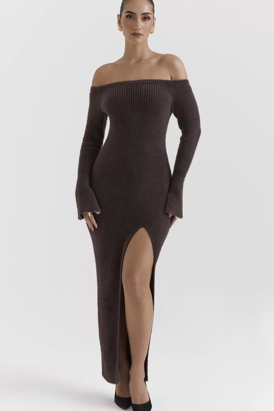 House of CB 'Lucena' Espresso Knit Off Shoulder Dress New