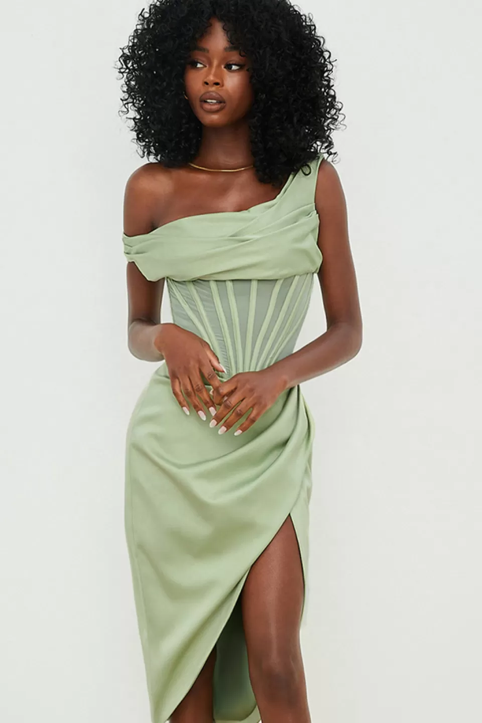 House of CB 'Lulu' Pistachio Asymmetric Drape Midi Corset Dress Hot
