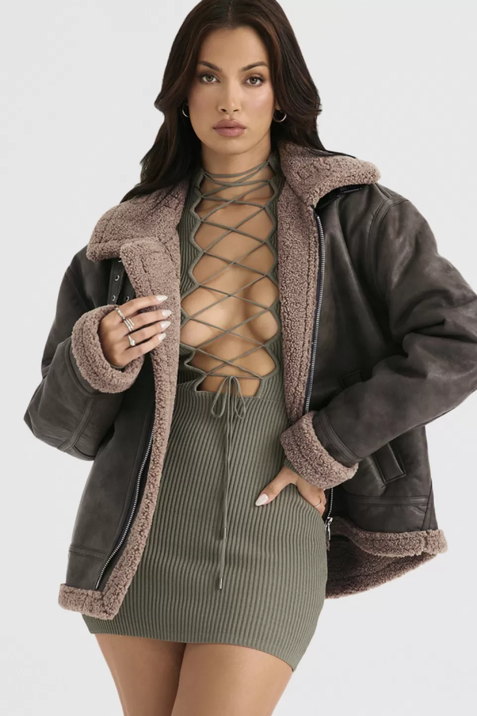 House of CB 'Madden' Army Green Vegan Shearling Aviator Jacket Cheap