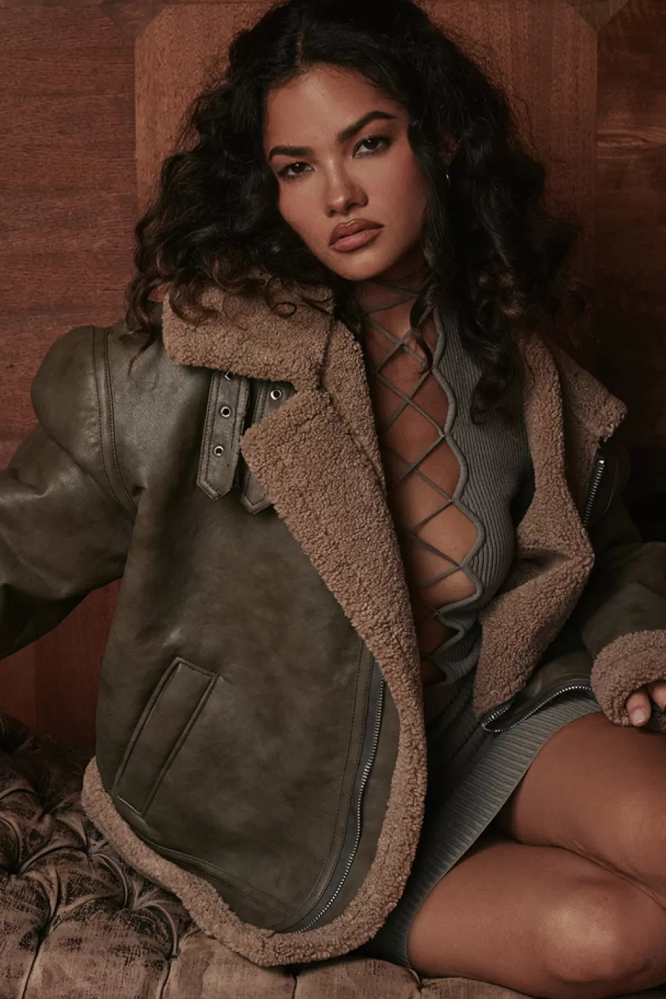 House of CB 'Madden' Army Green Vegan Shearling Aviator Jacket Cheap