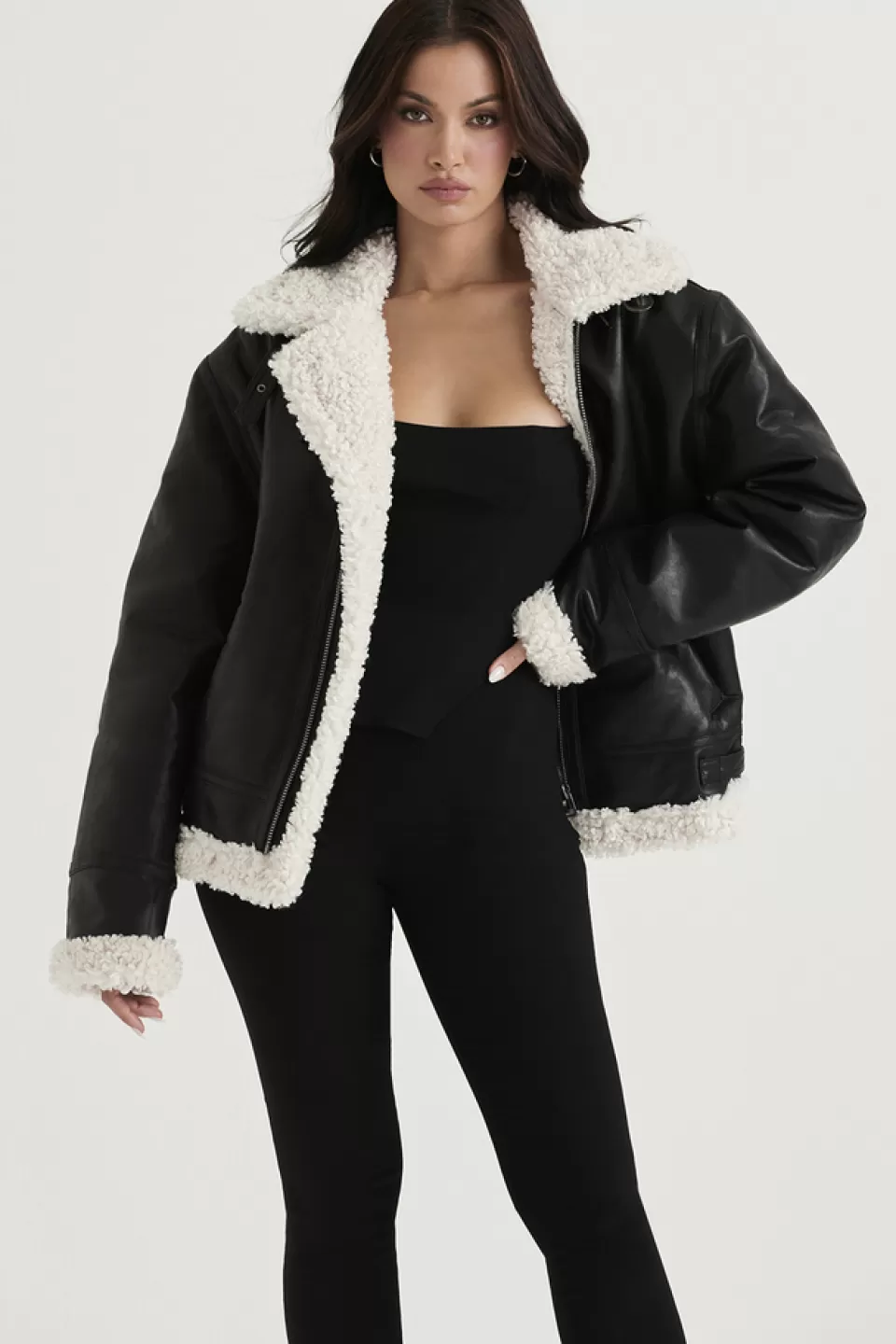 House of CB 'Madden' Black Vegan Shearling Aviator Jacket Outlet