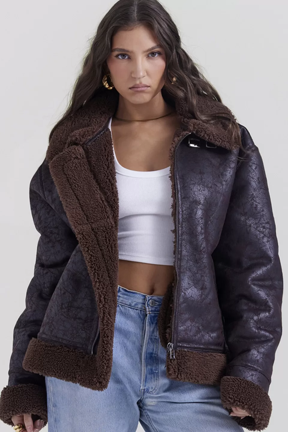 House of CB 'Madden' Brown Vegan Shearling Aviator Jacket Store