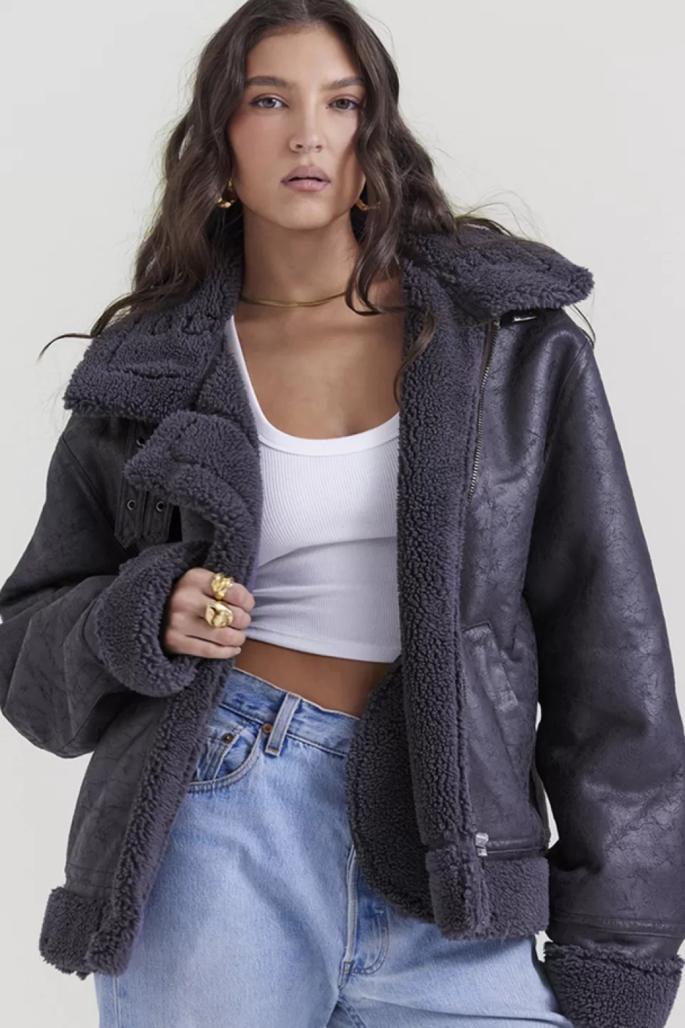 House of CB 'Madden' Grey Vegan Shearling Aviator Jacket Best