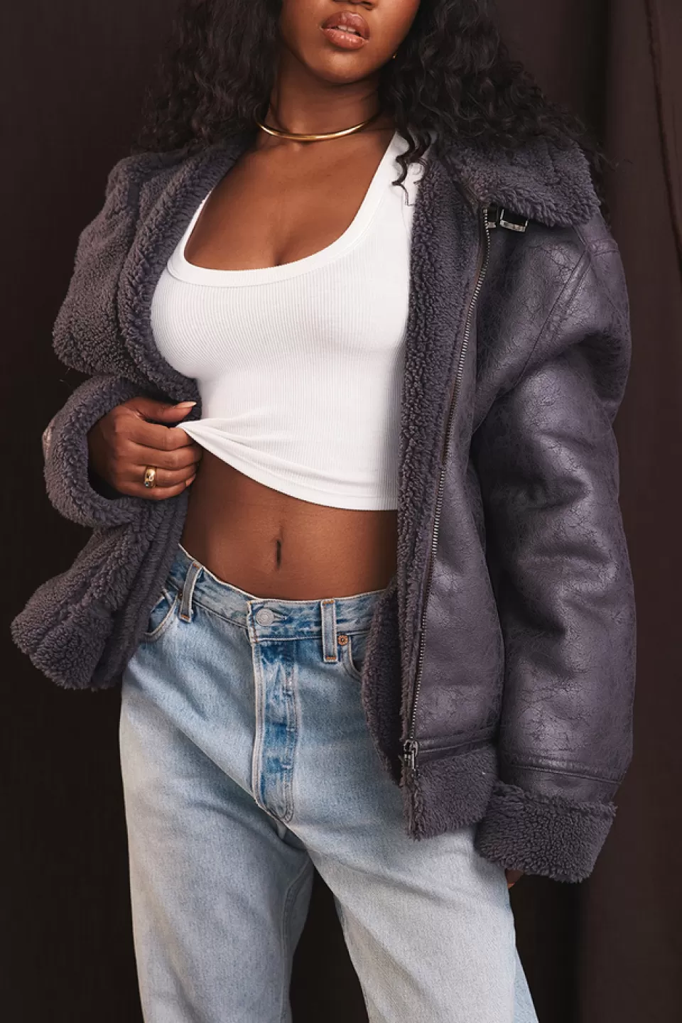 House of CB 'Madden' Grey Vegan Shearling Aviator Jacket Best