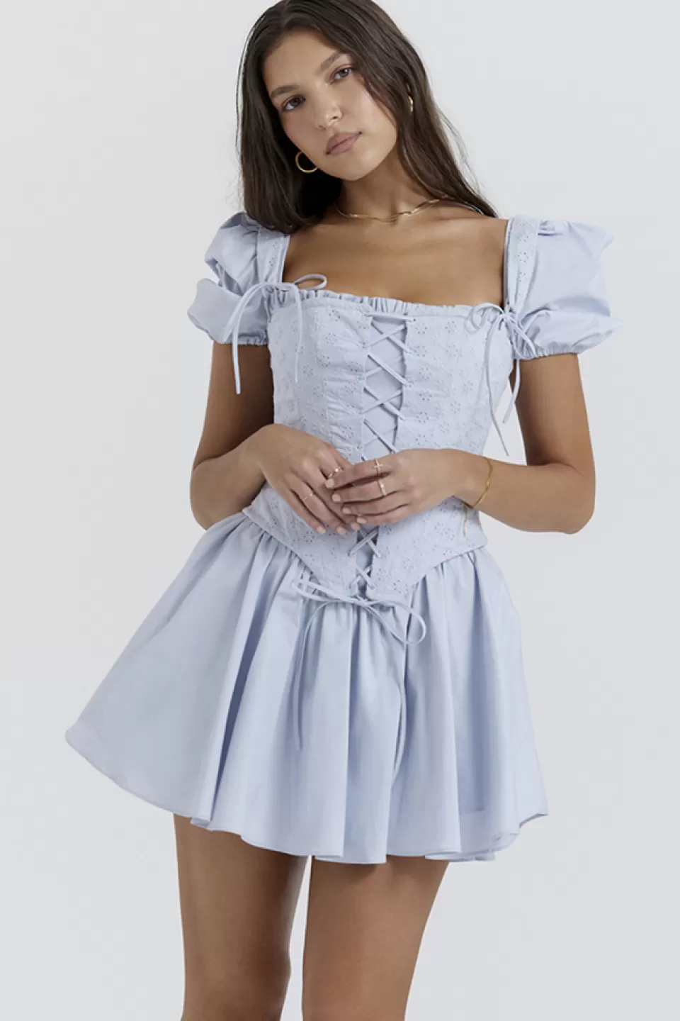 House of CB 'Maribel' Soft Blue Broderie Corset Mini Dress New