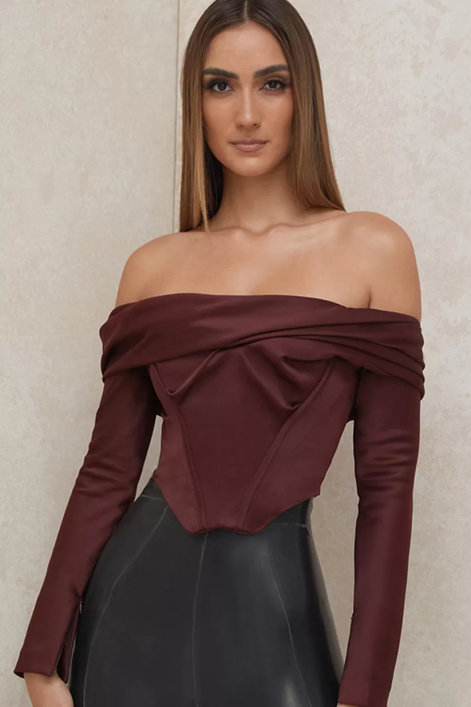 House of CB 'Morgan' Raisin Satin Off Shoulder Draped Corset Online