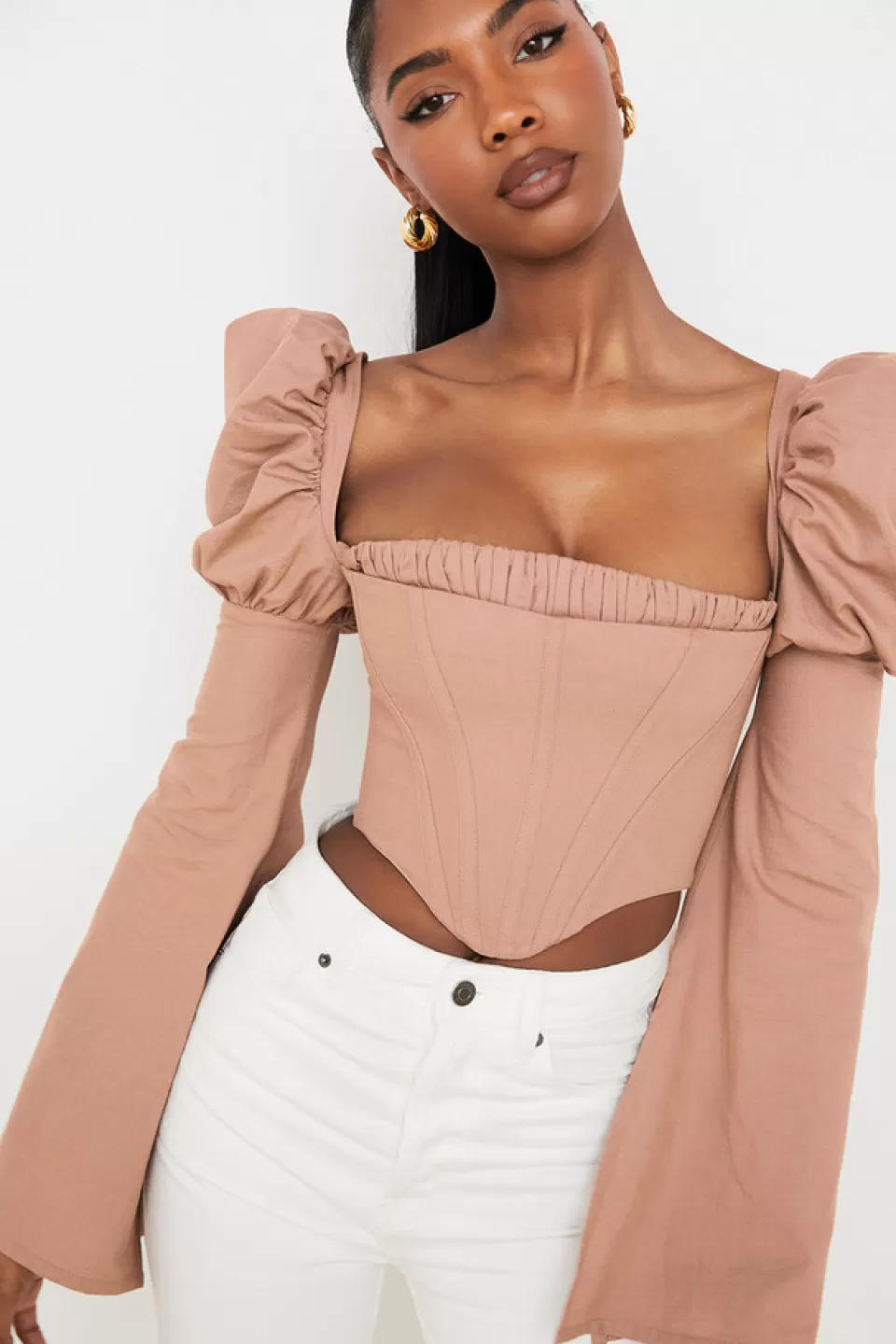 House of CB 'Nala' Mocha Linen Blend Flared Sleeve Corset Hot