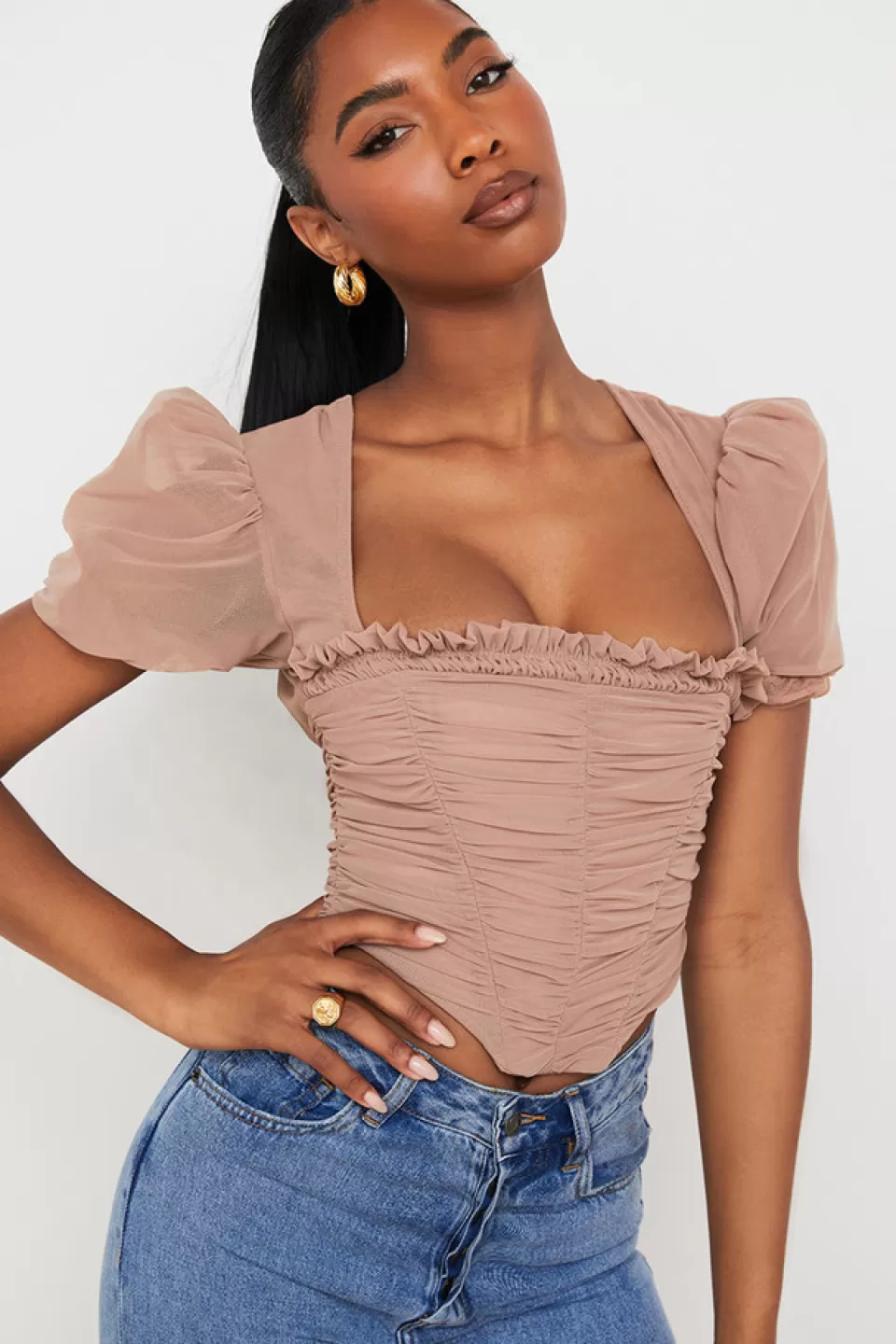 House of CB 'Nora' Tan Mesh Puff Sleeve Gathered Corset New