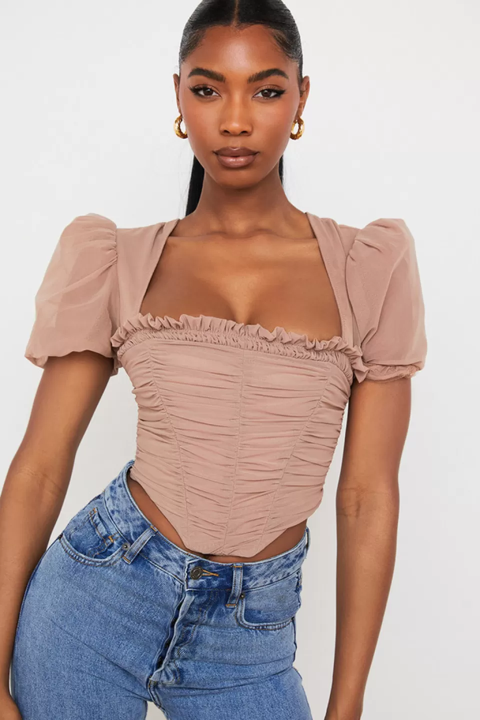 House of CB 'Nora' Tan Mesh Puff Sleeve Gathered Corset New
