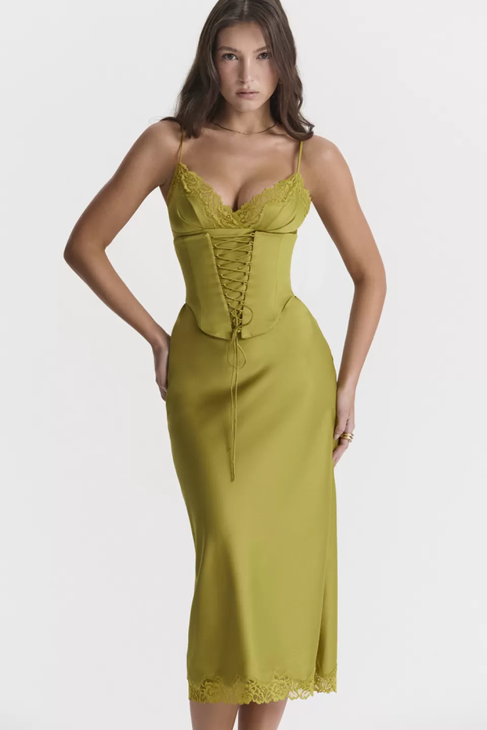 House of CB 'Salma' Chartreuse Satin Slip Dress Discount